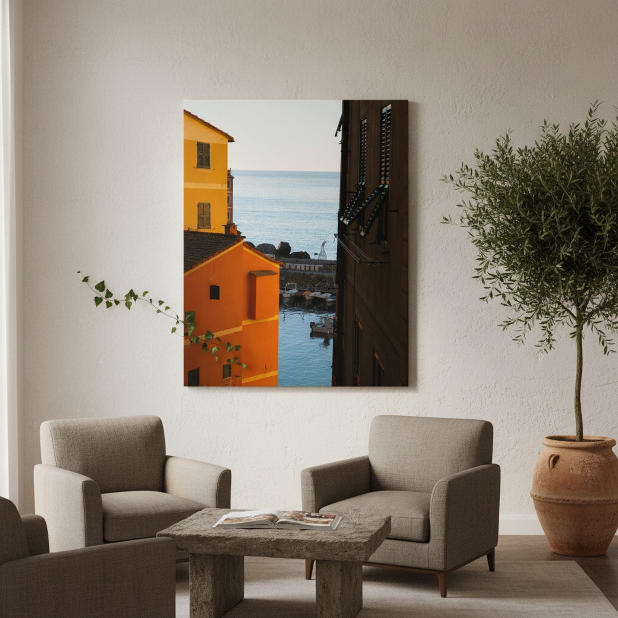 Camogli Harbour View shown as a canvas print in a styled interior, view 2 of 3