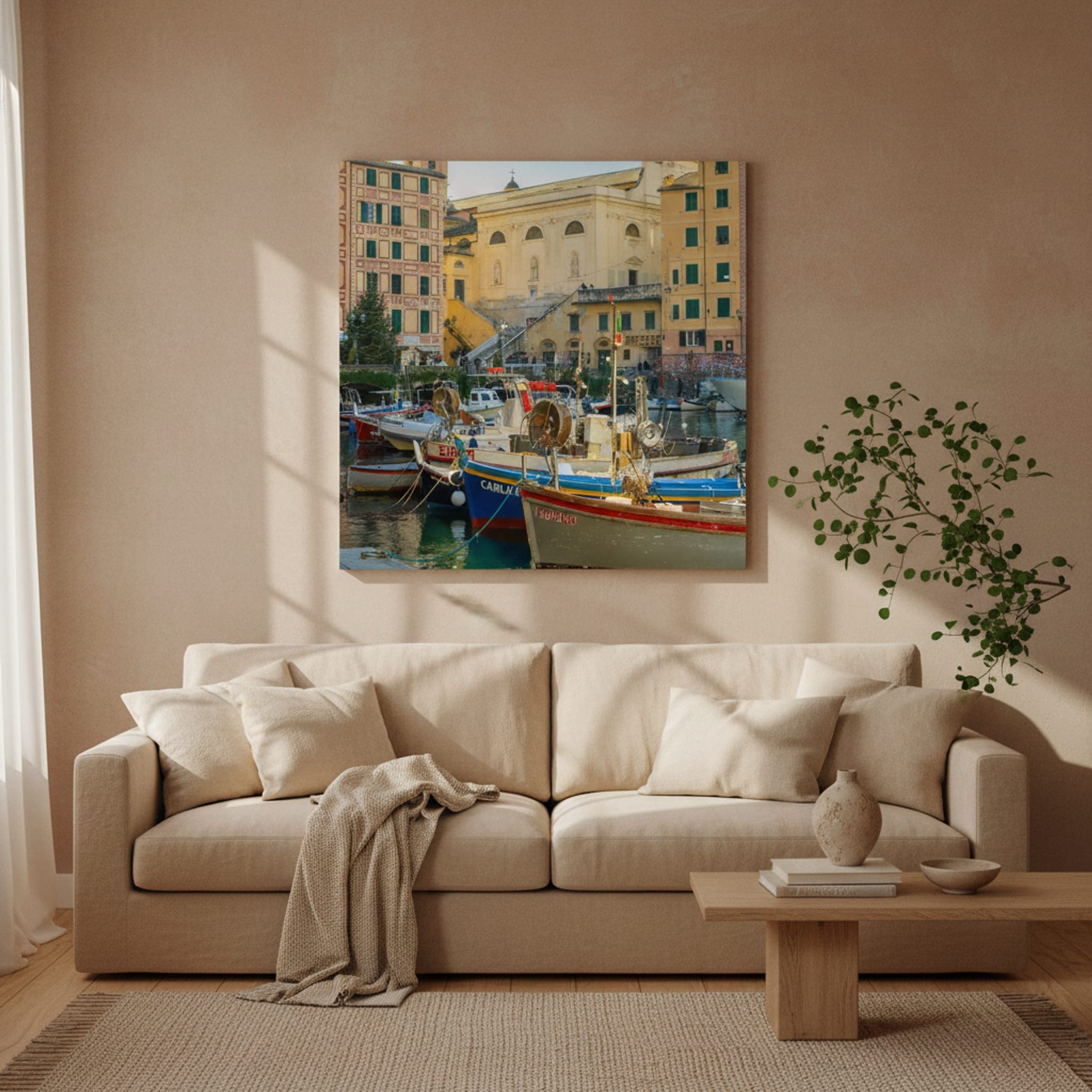 Camogli Harbour Serenity shown as a canvas print in a styled interior, view 3 of 3