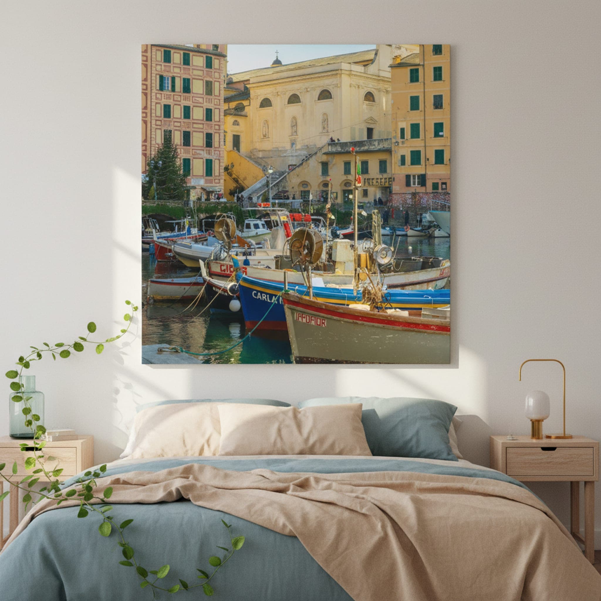Camogli Harbour Serenity shown as a canvas print in a styled interior, view 2 of 3