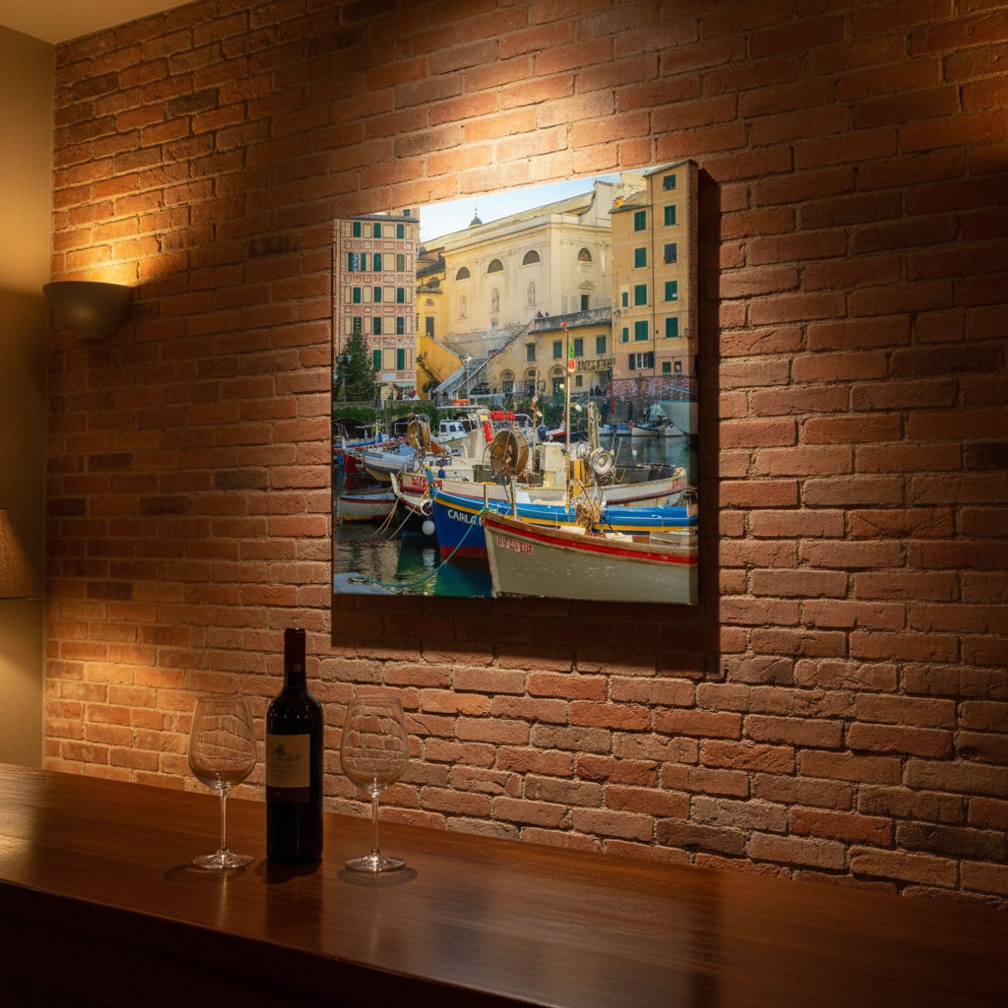 Camogli Harbour Serenity shown as a canvas print in a styled interior, view 1 of 3