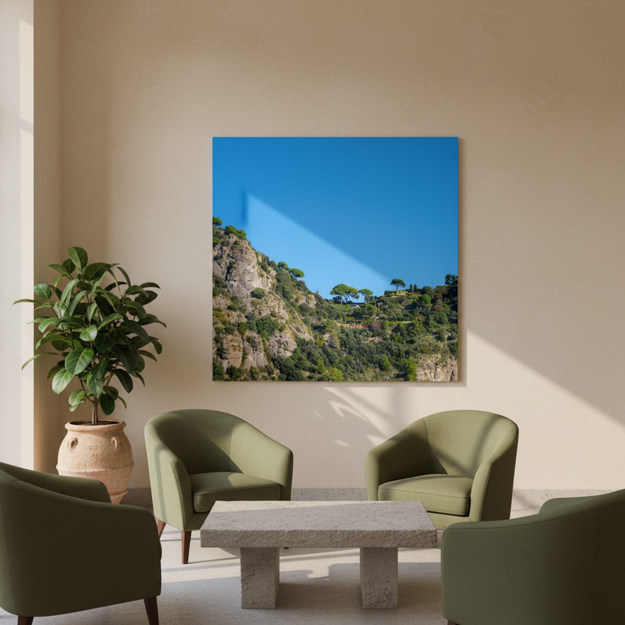 Ligurian Heights Serenity shown as a canvas print in a styled interior, view 1 of 3