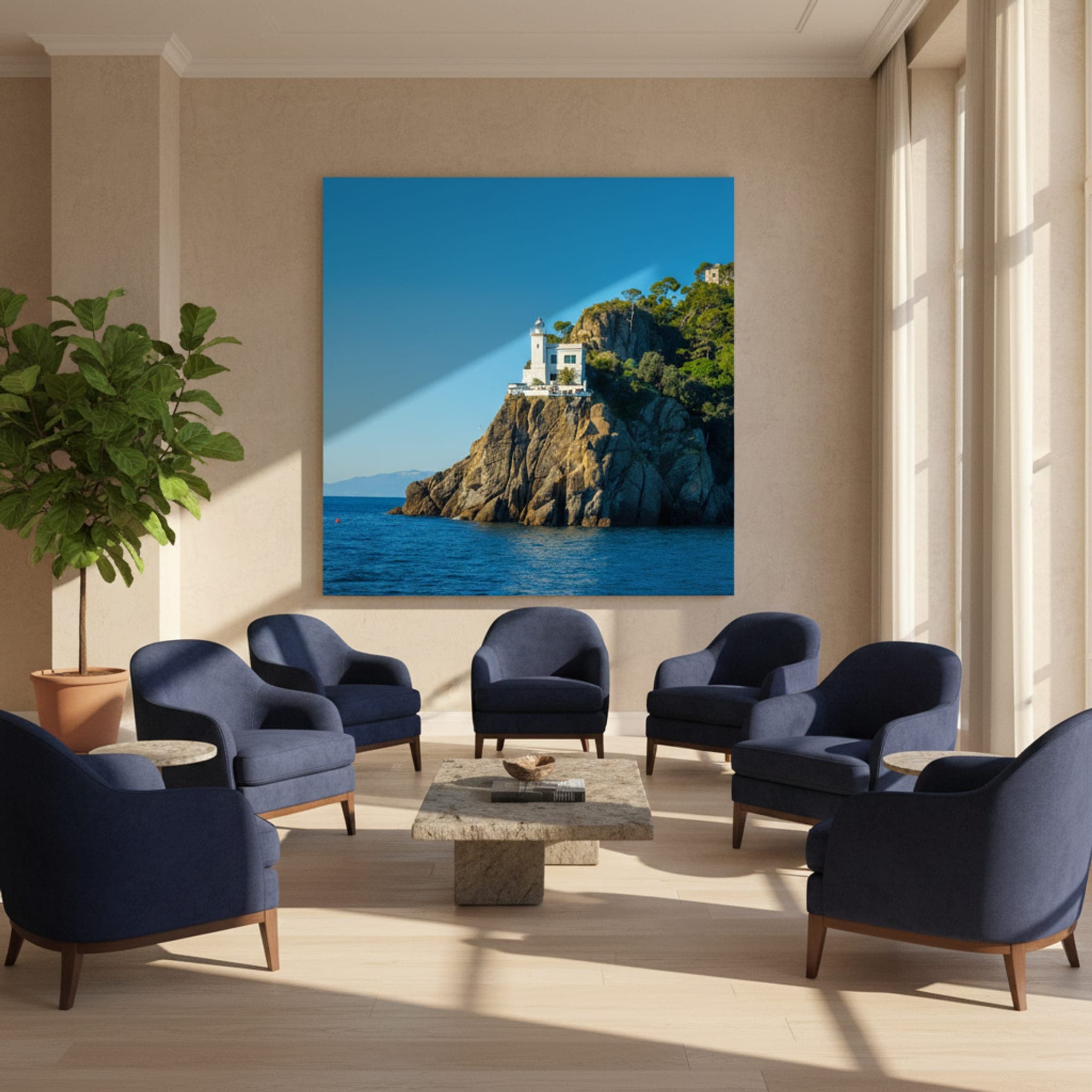 Portofino's Coastal Sentinel shown as a canvas print in a styled interior, view 2 of 3