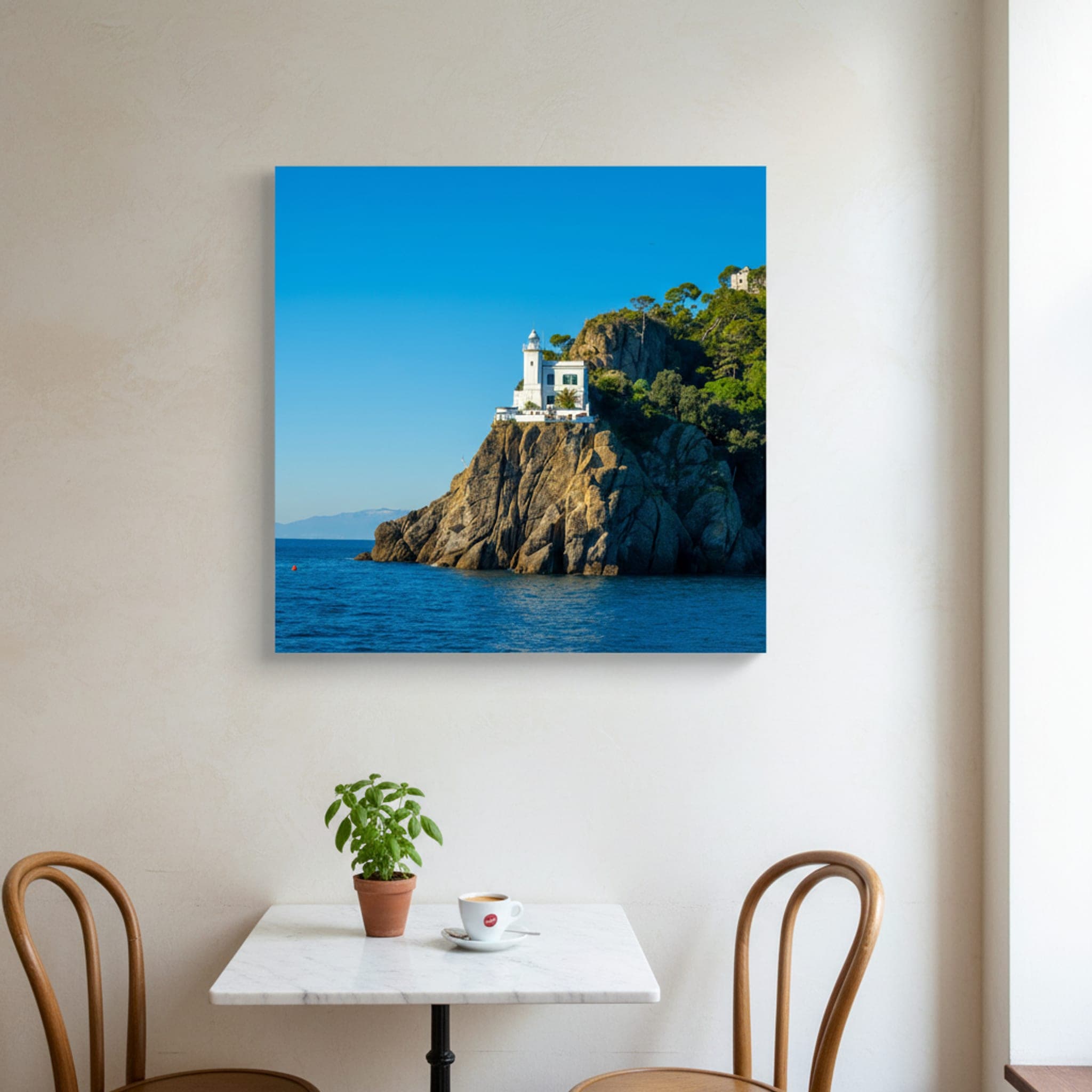Portofino's Coastal Sentinel shown as a canvas print in a styled interior, view 1 of 3