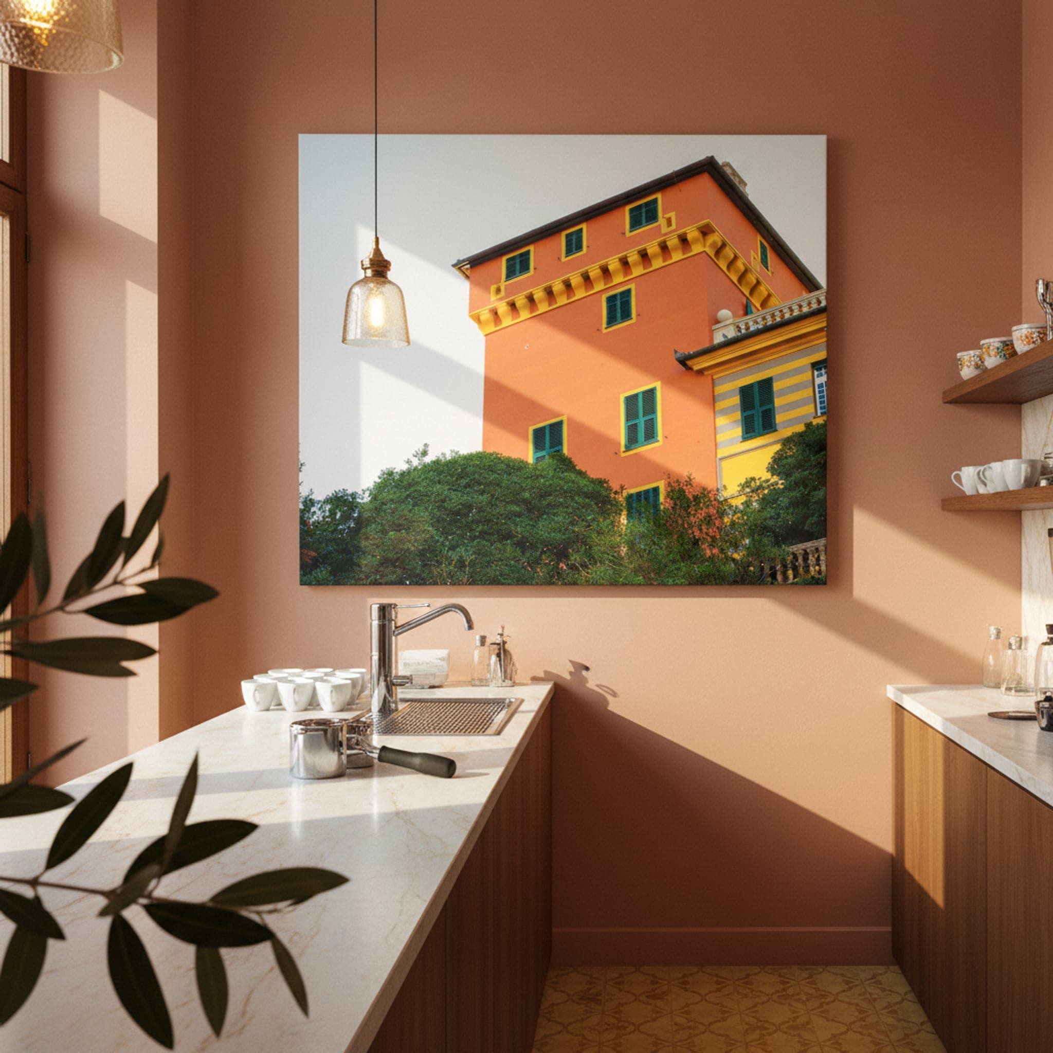 Portofino's Tuscan Glow shown as a canvas print in a styled interior, view 2 of 3
