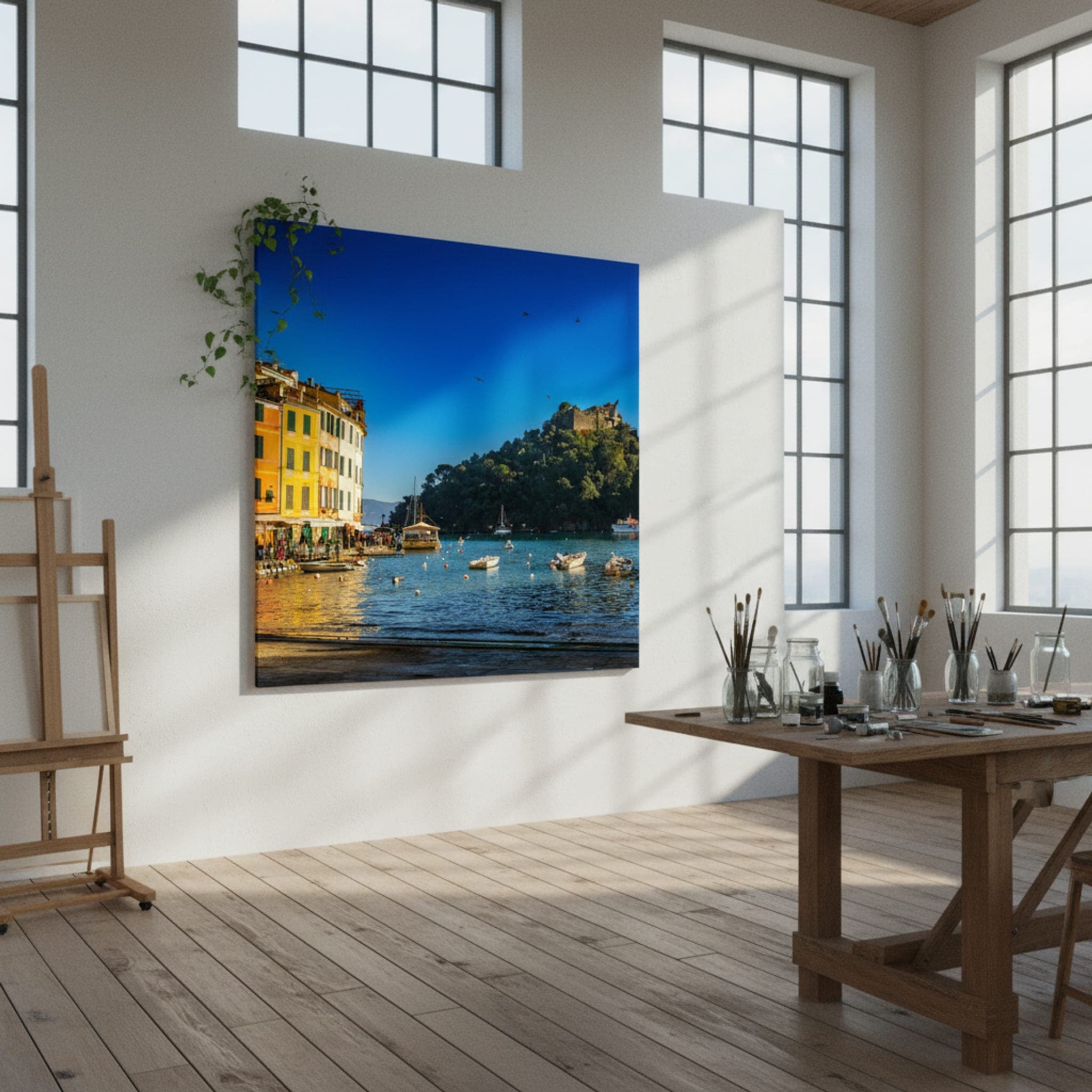 Portofino's Azure Embrace shown as a canvas print in a styled interior, view 1 of 3