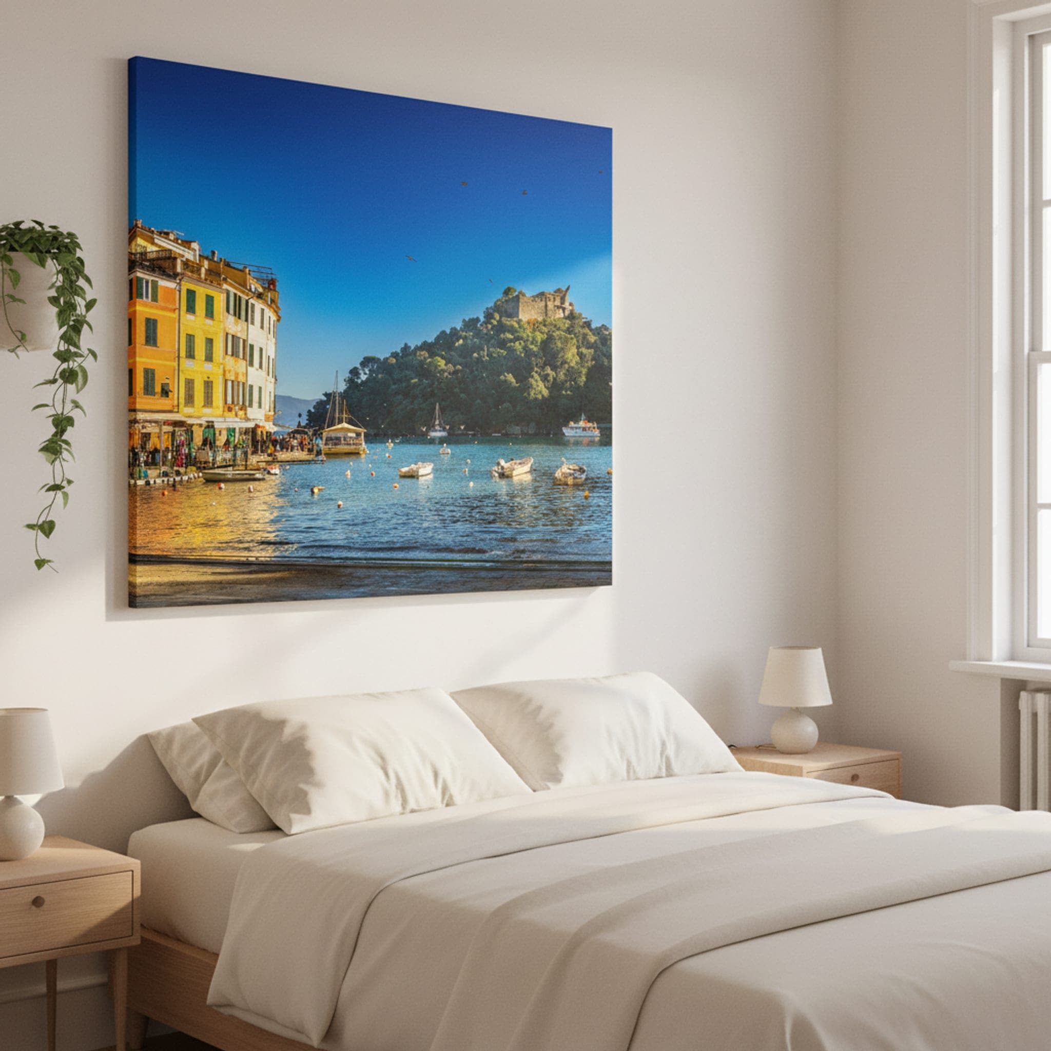 Portofino's Azure Embrace shown as a canvas print in a styled interior, view 3 of 3