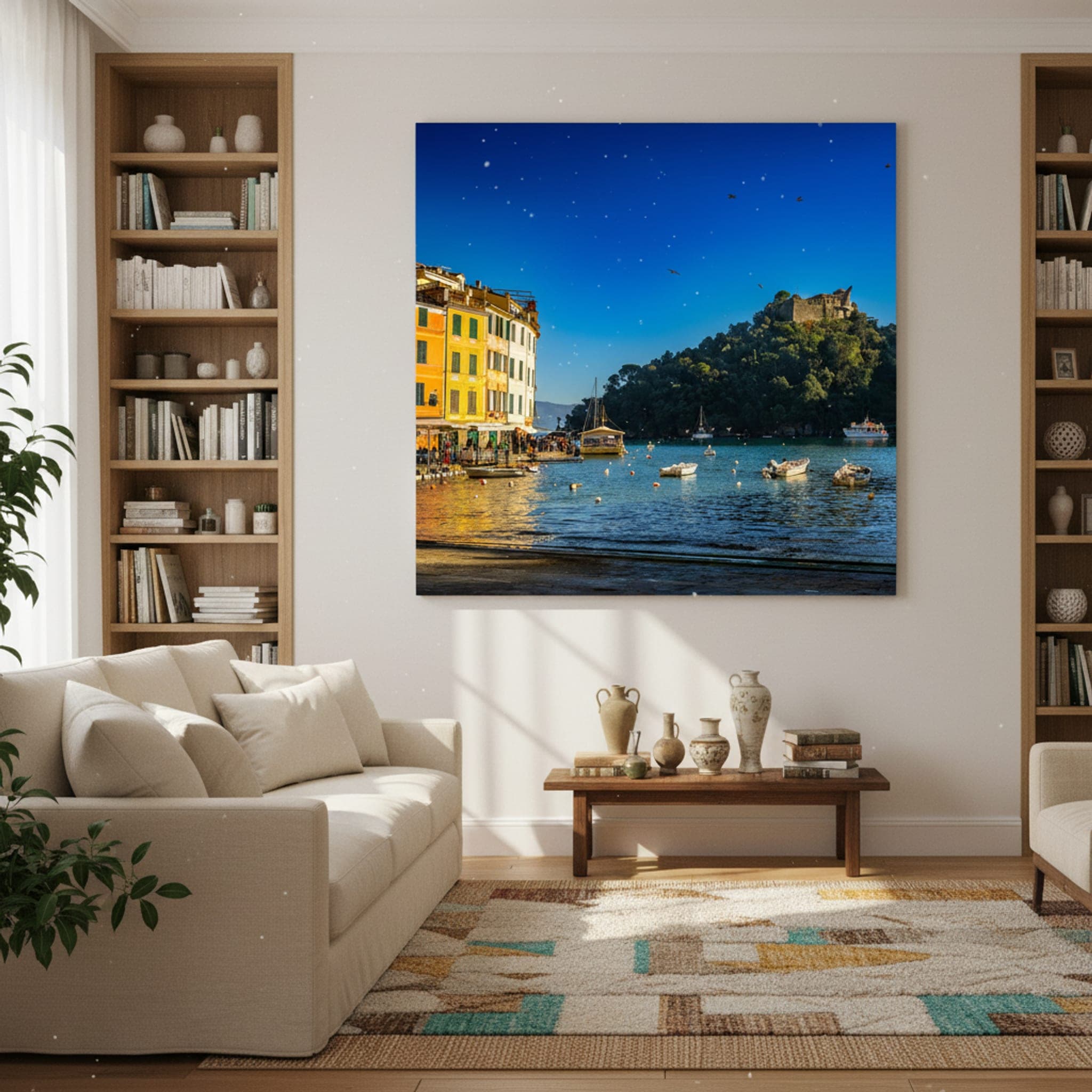 Portofino's Azure Embrace shown as a canvas print in a styled interior, view 2 of 3