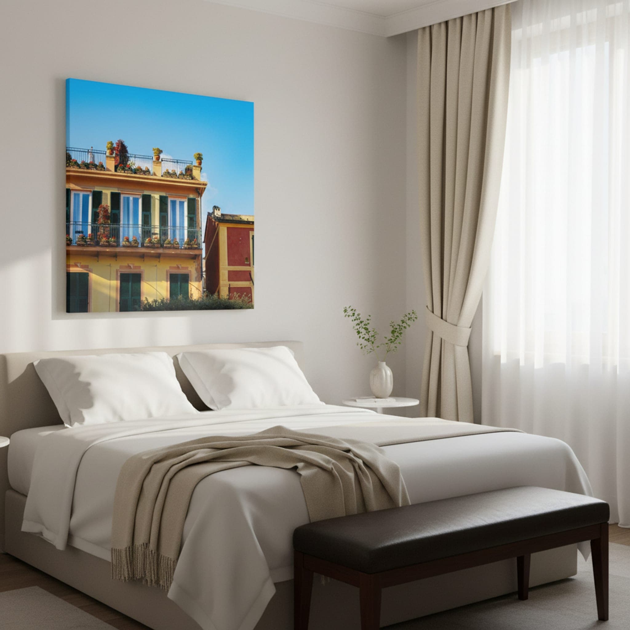 Portofino Balconies Bloom shown as a canvas print in a styled interior, view 1 of 3