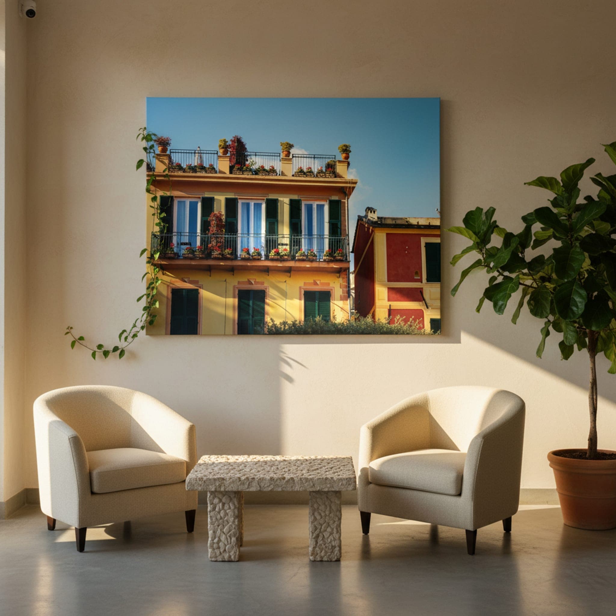 Portofino Balconies Bloom shown as a canvas print in a styled interior, view 2 of 3
