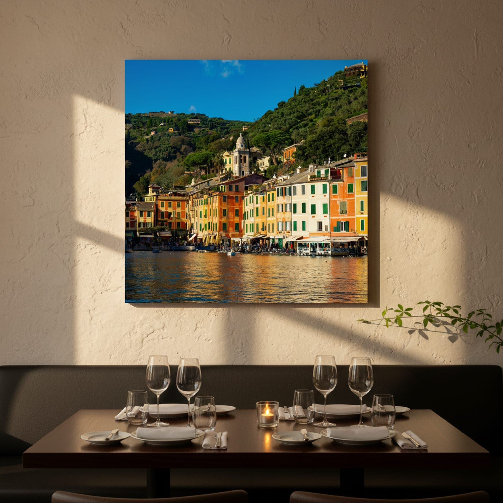 Portofino's Sunlit Harbor shown as a canvas print in a styled interior, view 2 of 3