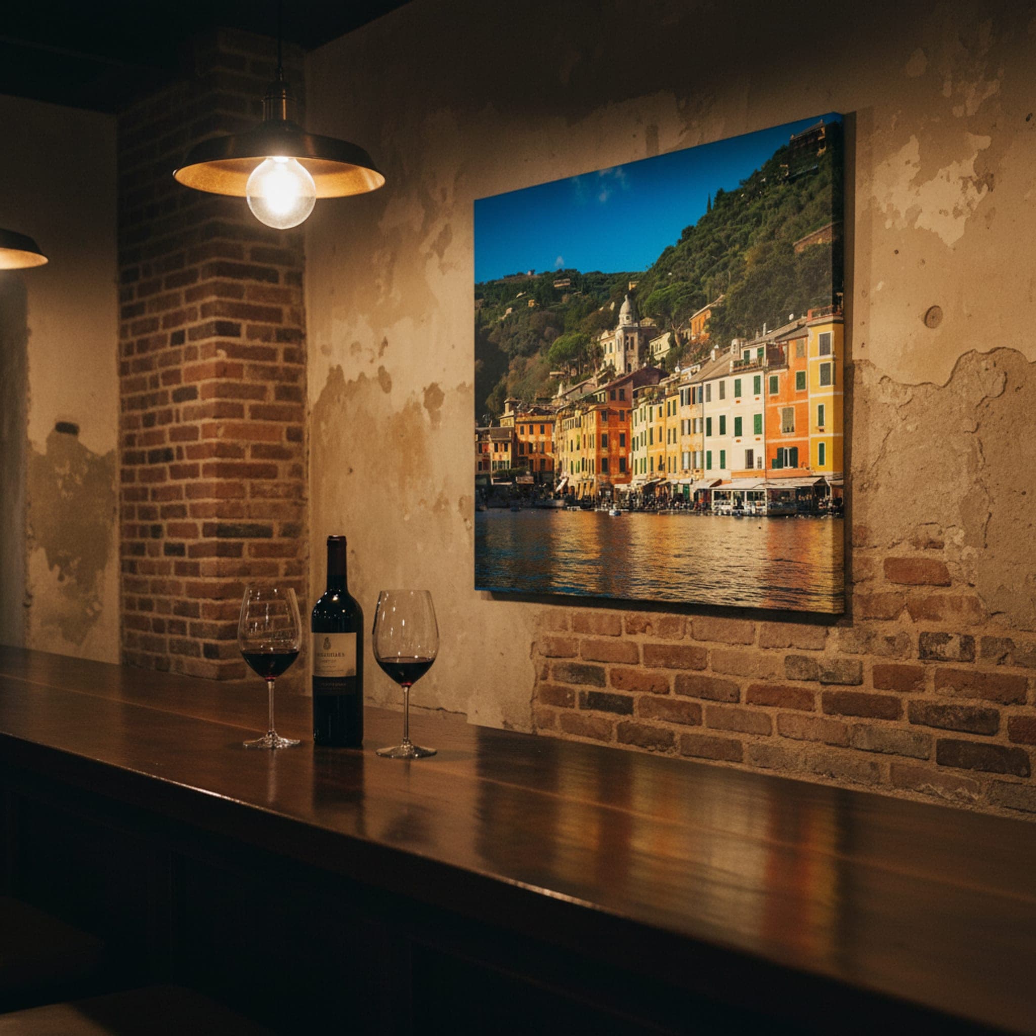 Portofino's Sunlit Harbor shown as a canvas print in a styled interior, view 3 of 3