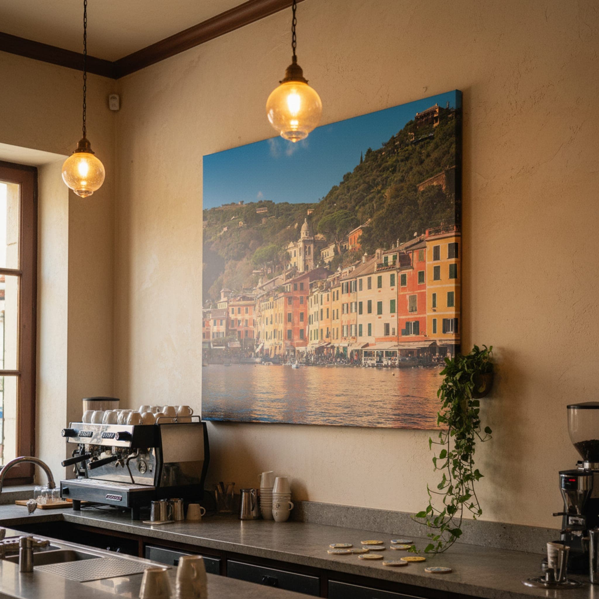 Portofino's Sunlit Harbor shown as a canvas print in a styled interior, view 1 of 3