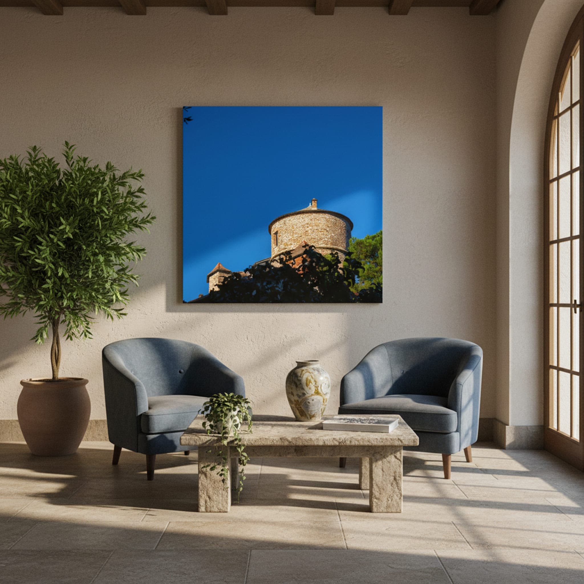 Portofino Stone Sentinel shown as a canvas print in a styled interior, view 2 of 3