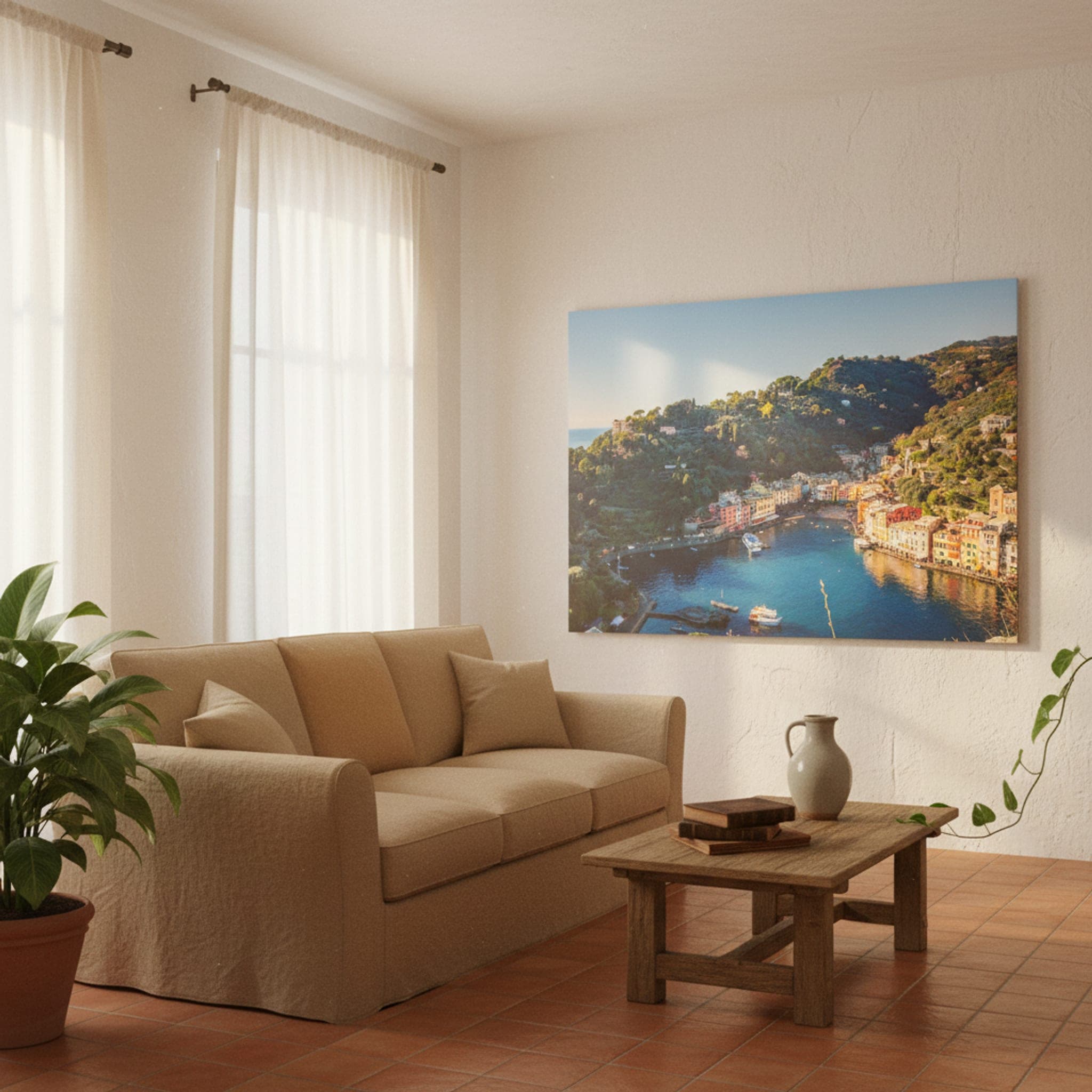Portofino Harbor Serenity shown as a canvas print in a styled interior, view 1 of 3
