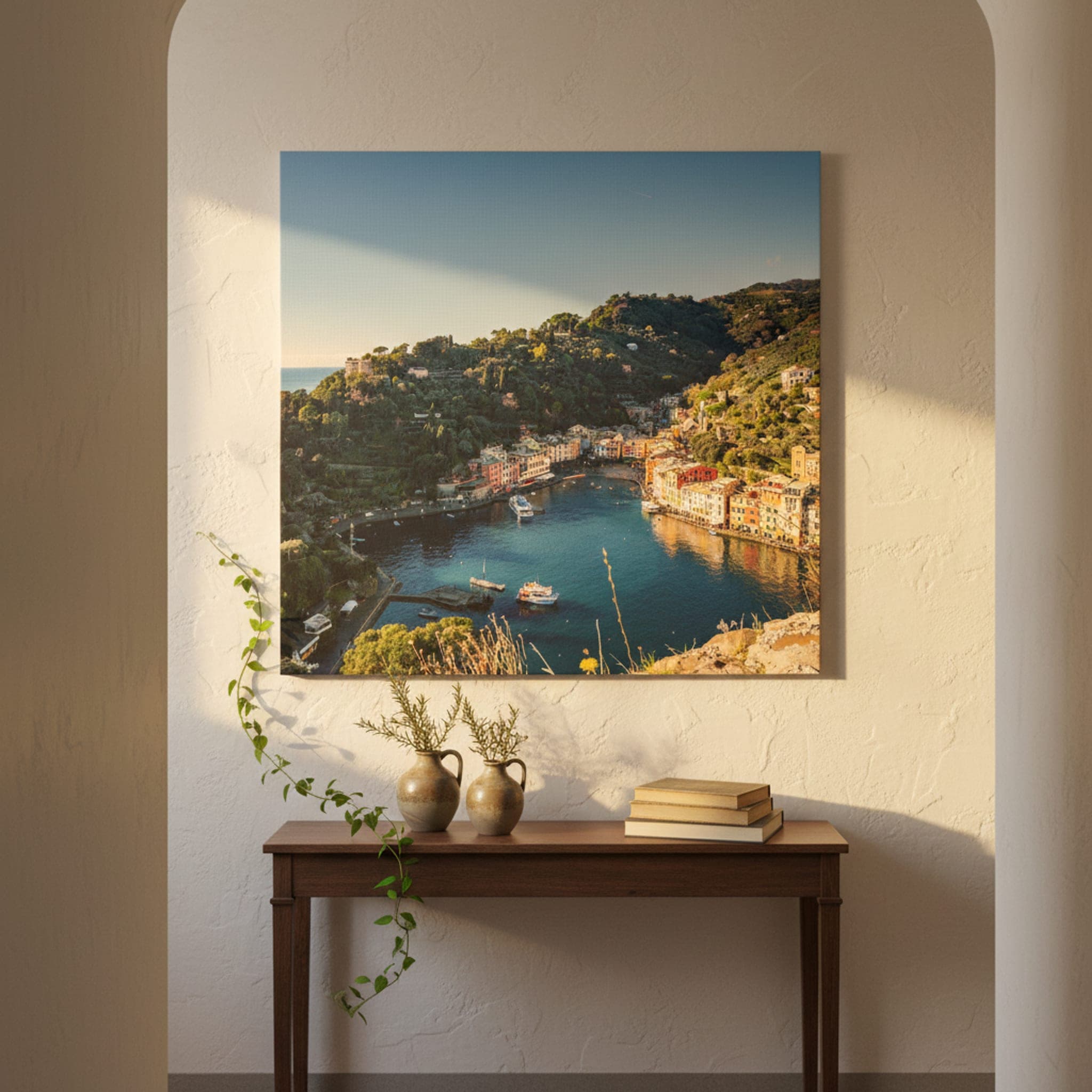Portofino Harbor Serenity shown as a canvas print in a styled interior, view 3 of 3