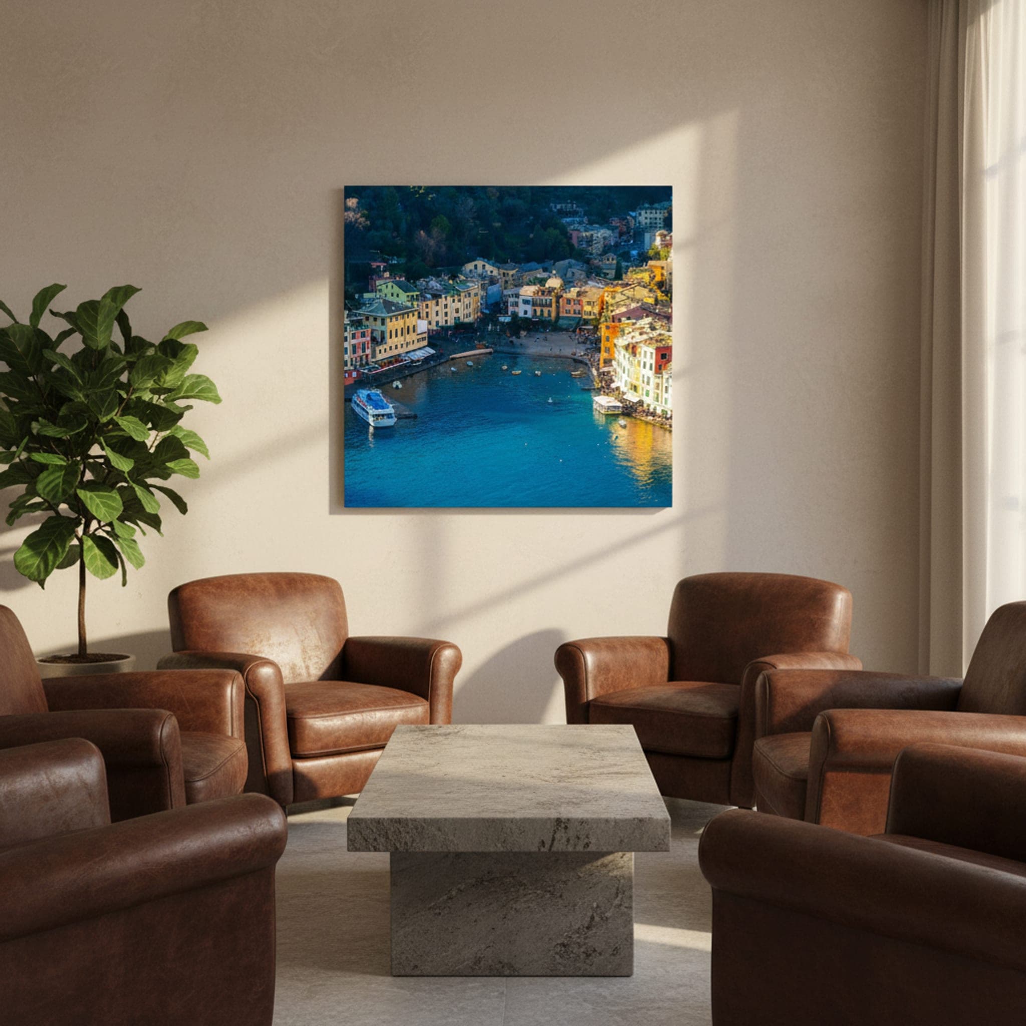 Portofino's Azure Embrace shown as a canvas print in a styled interior, view 1 of 3