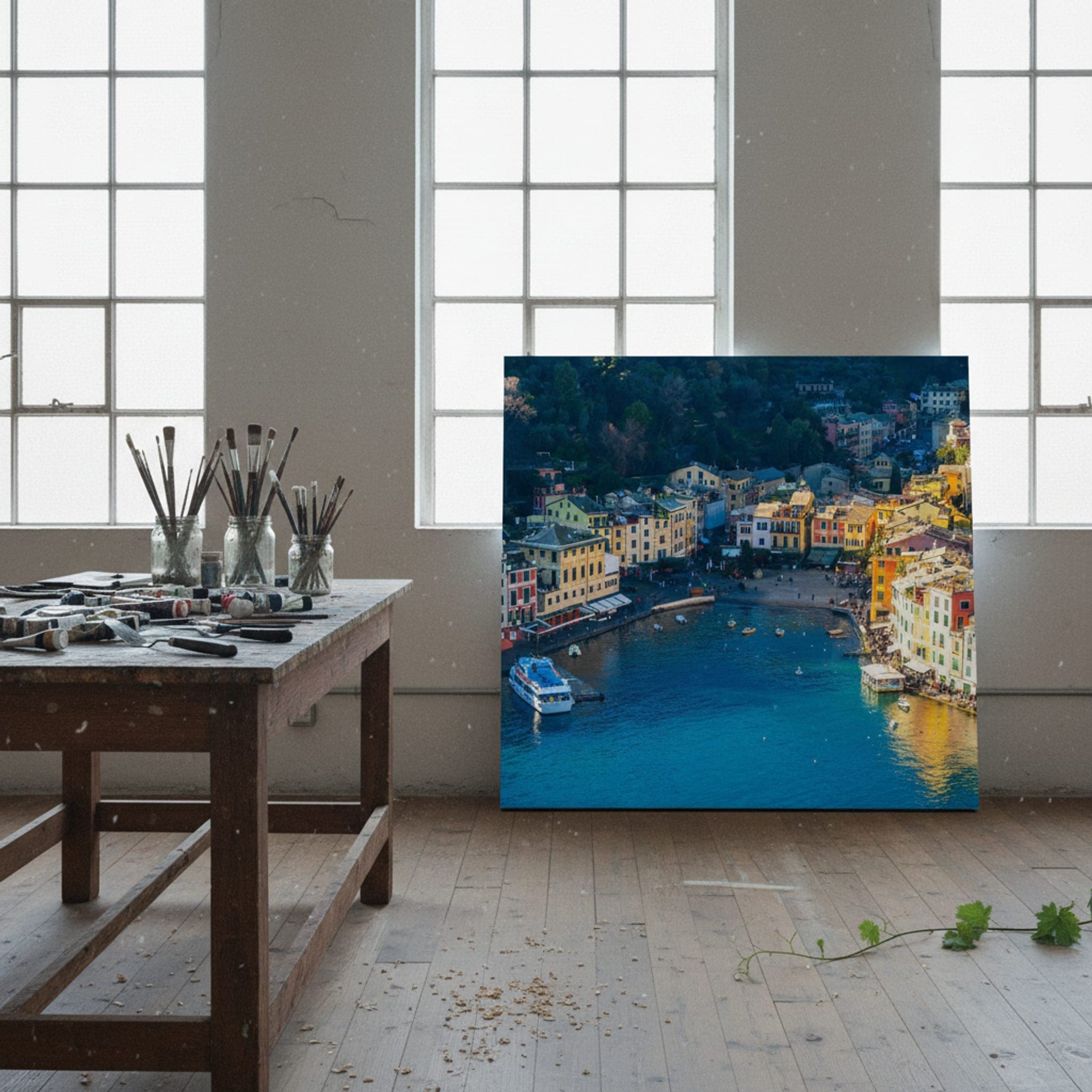 Portofino's Azure Embrace shown as a canvas print in a styled interior, view 2 of 3
