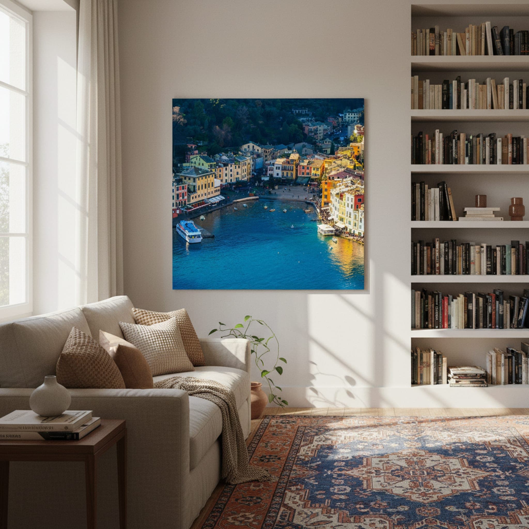 Portofino's Azure Embrace shown as a canvas print in a styled interior, view 3 of 3