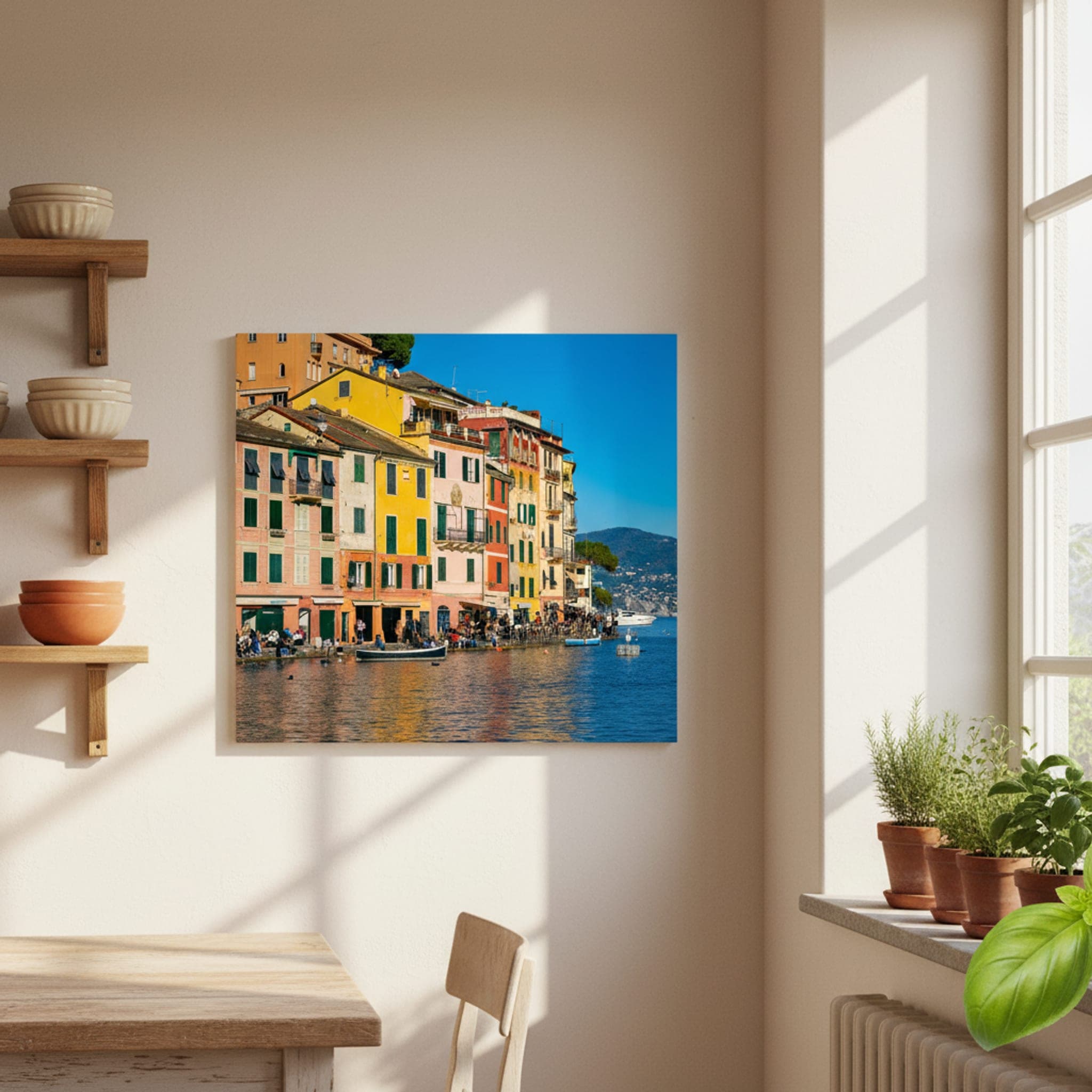 Portofino's Painted Harbour shown as a canvas print in a styled interior, view 1 of 3