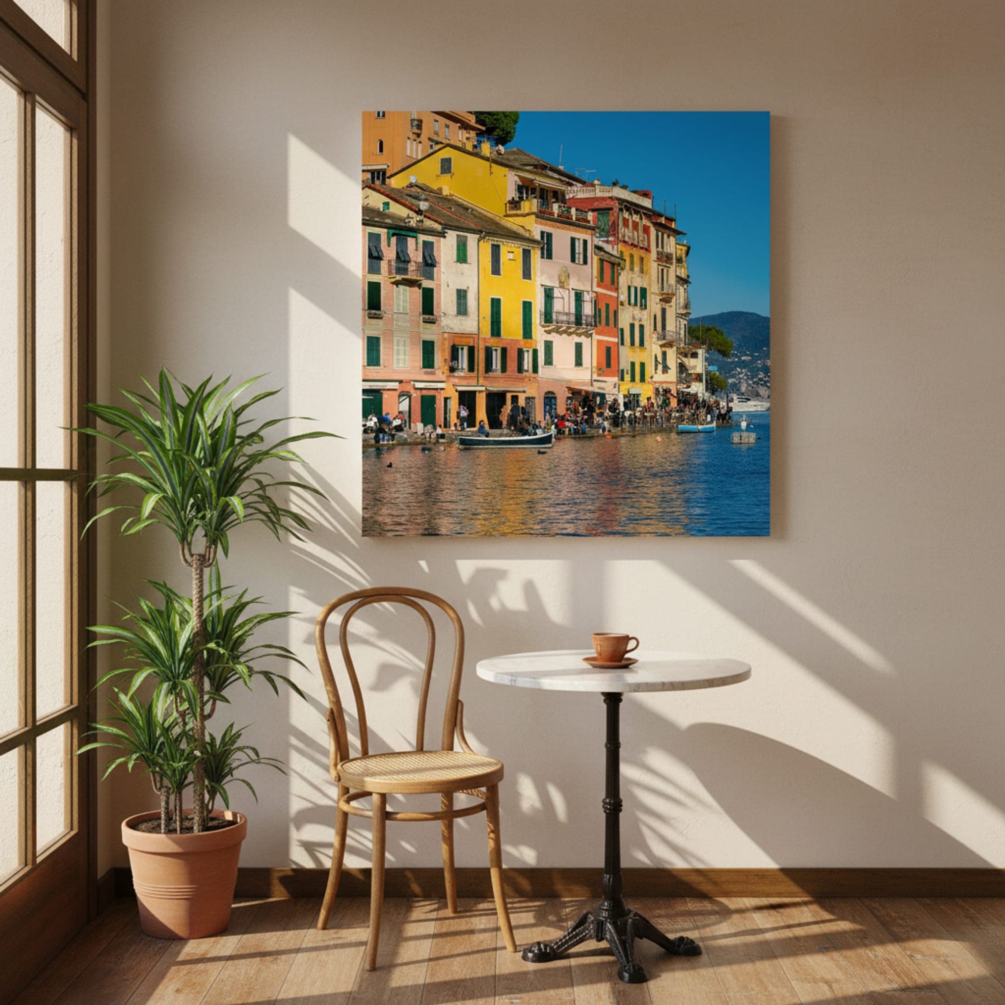 Portofino's Painted Harbour shown as a canvas print in a styled interior, view 3 of 3