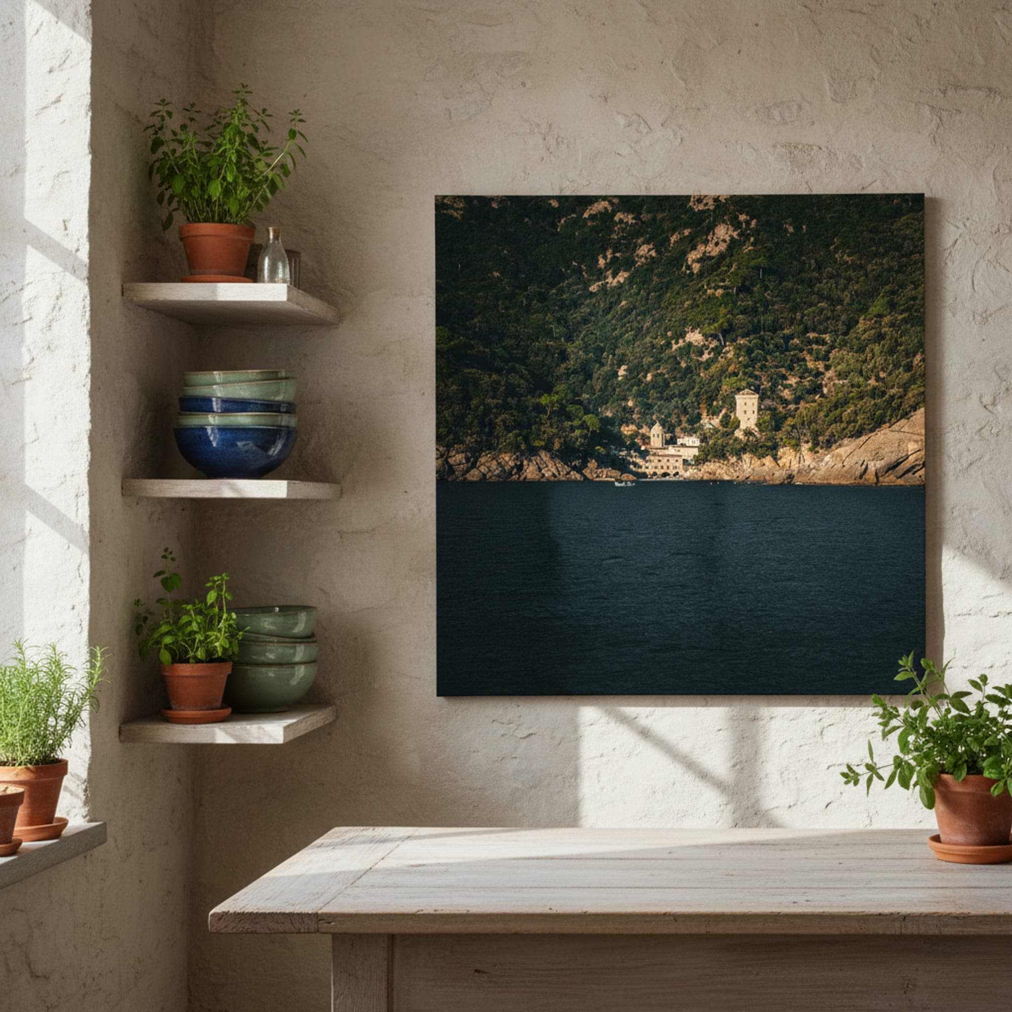 Portofino's Hidden Shore shown as a canvas print in a styled interior, view 2 of 3