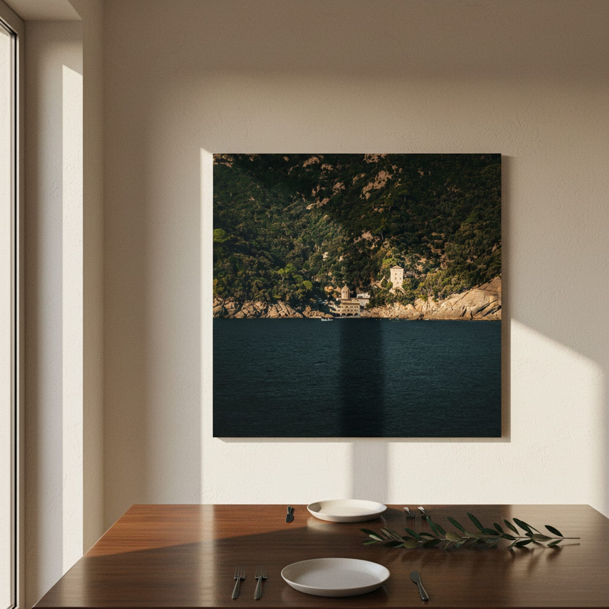 Portofino's Hidden Shore shown as a canvas print in a styled interior, view 1 of 3