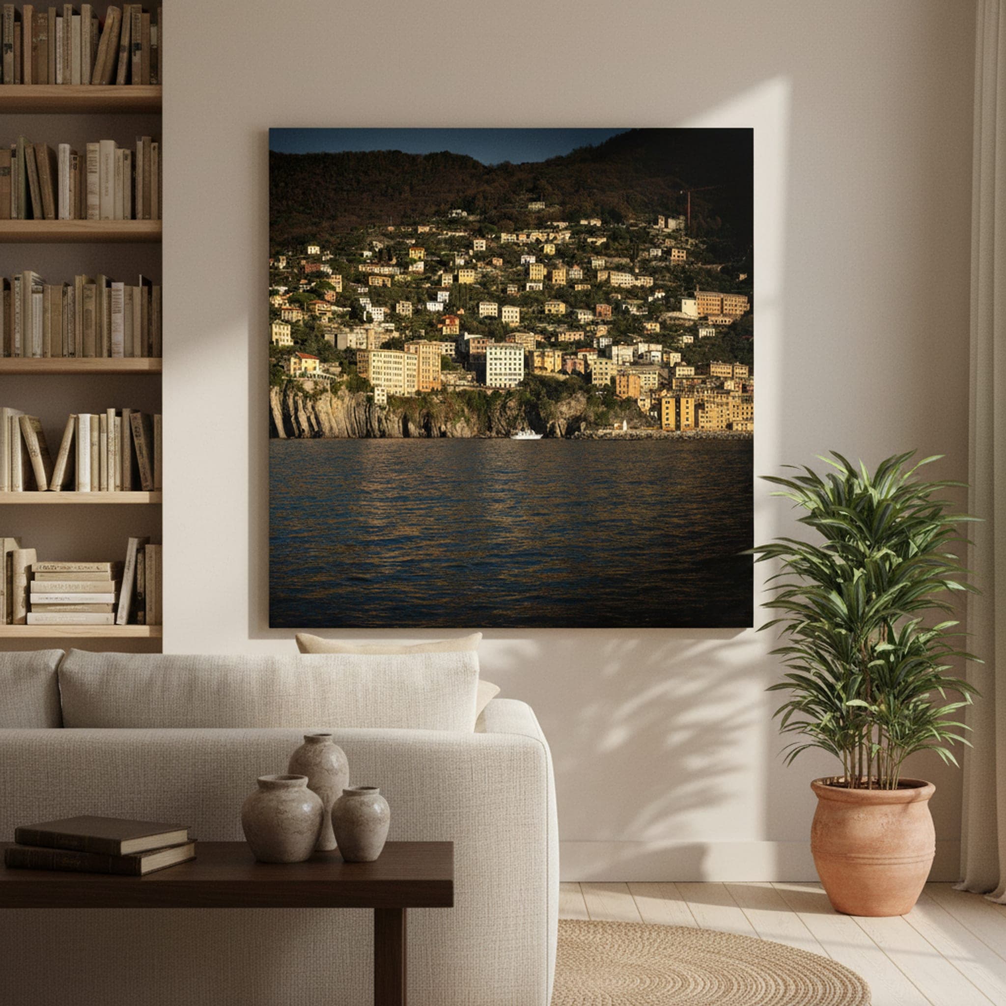 Camogli Coastal Embrace shown as a canvas print in a styled interior, view 1 of 3