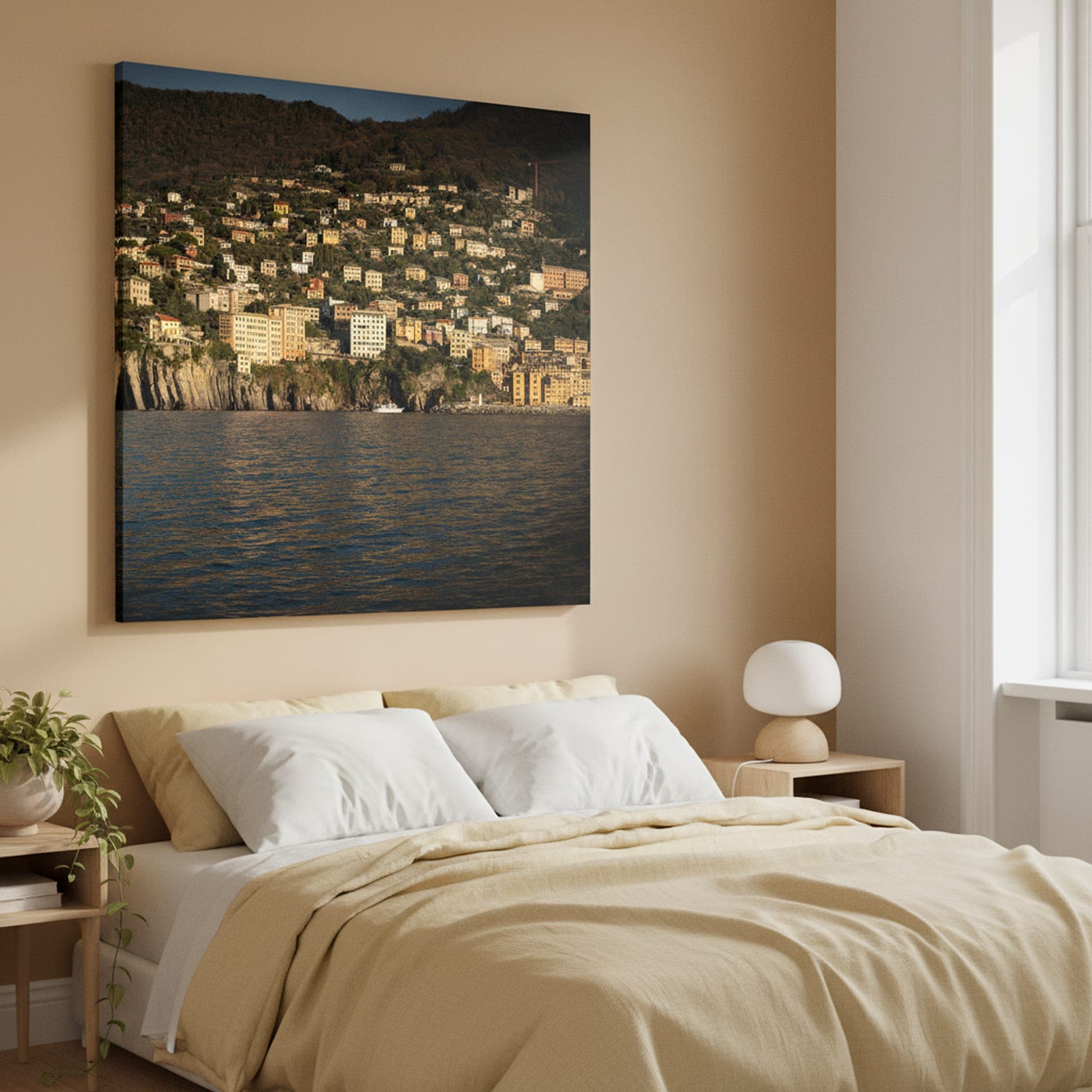 Camogli Coastal Embrace shown as a canvas print in a styled interior, view 2 of 3