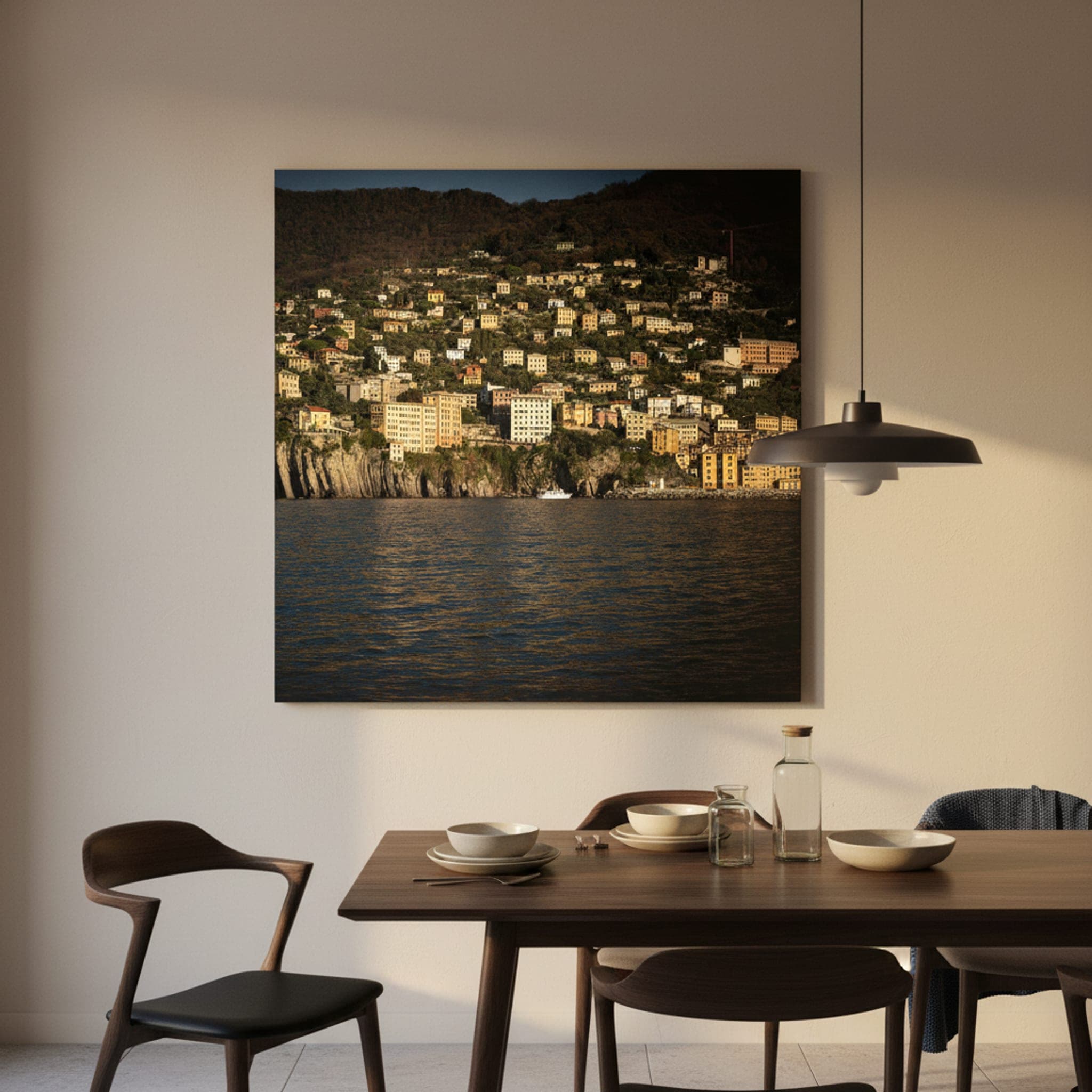 Camogli Coastal Embrace shown as a canvas print in a styled interior, view 3 of 3