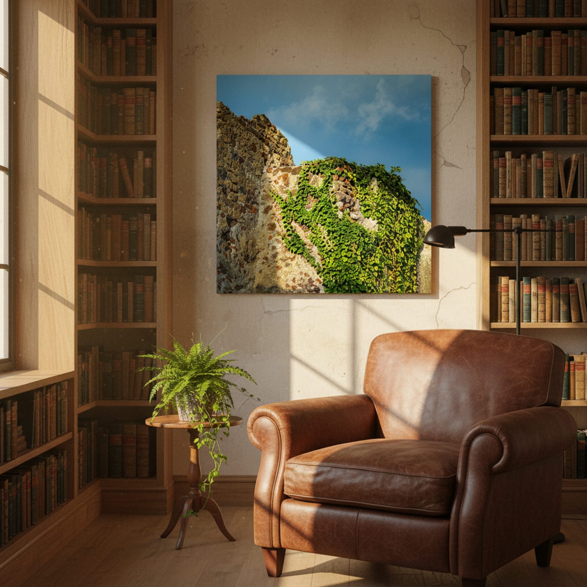 Pompeii's Verdant Embrace shown as a canvas print in a styled interior, view 1 of 3