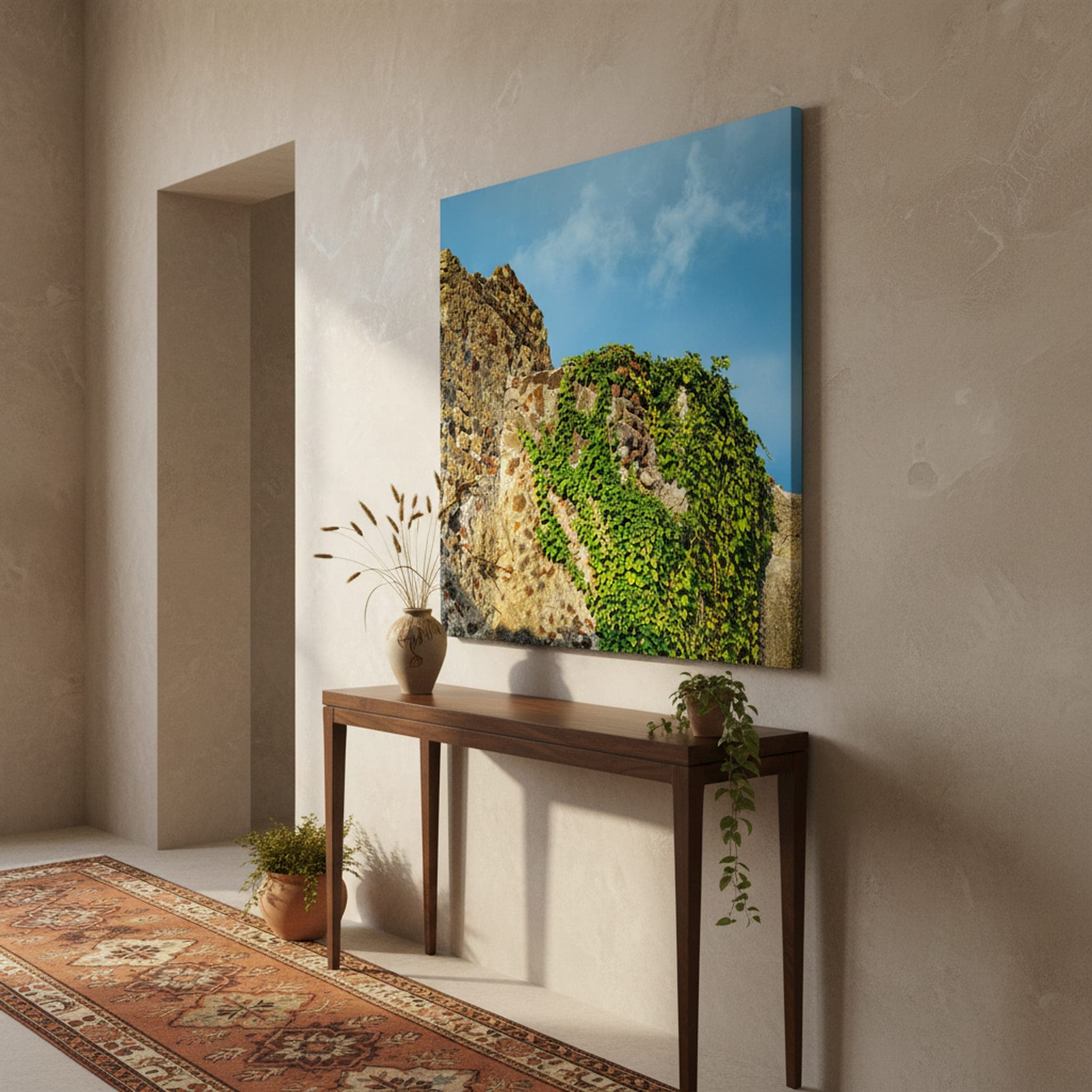 Pompeii's Verdant Embrace shown as a canvas print in a styled interior, view 3 of 3
