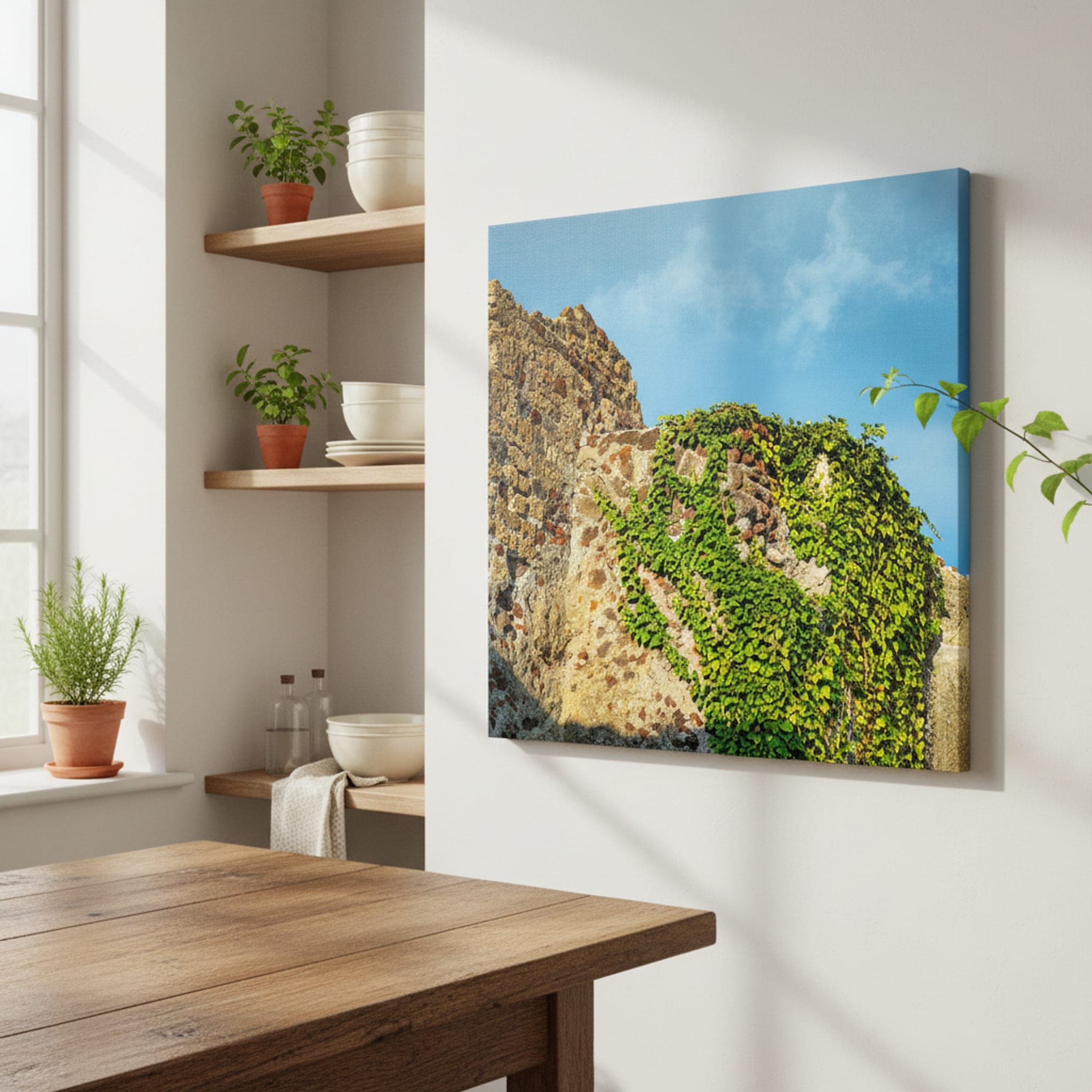 Pompeii's Verdant Embrace shown as a canvas print in a styled interior, view 2 of 3