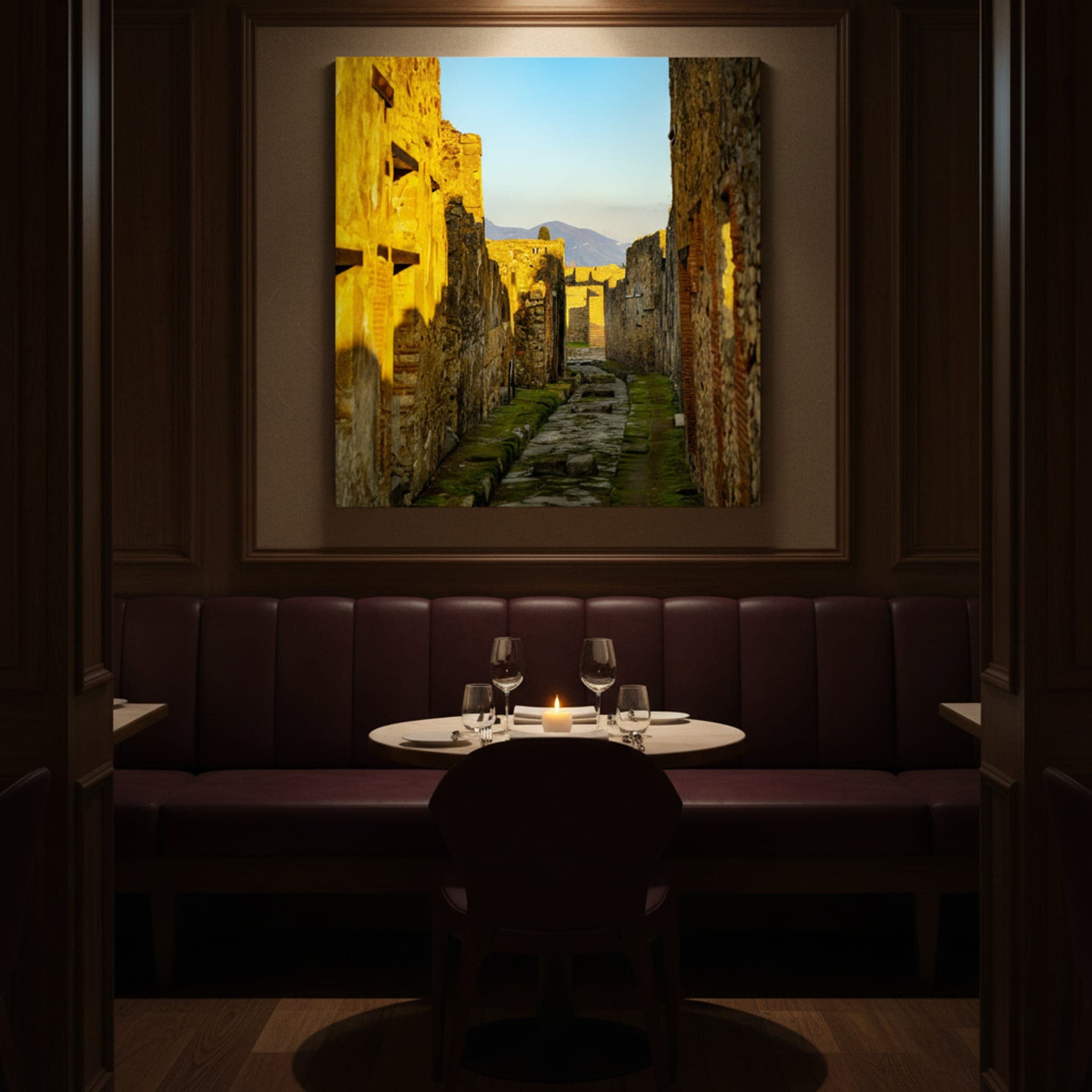 Pompeii's Sunlit Path shown as a canvas print in a styled interior, view 2 of 3