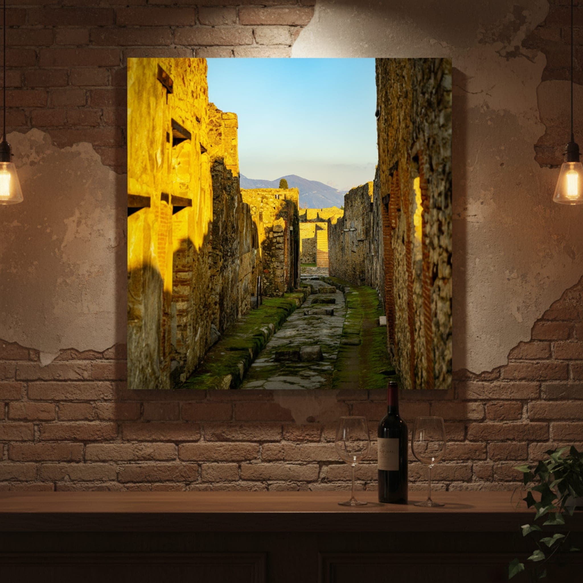 Pompeii's Sunlit Path shown as a canvas print in a styled interior, view 3 of 3