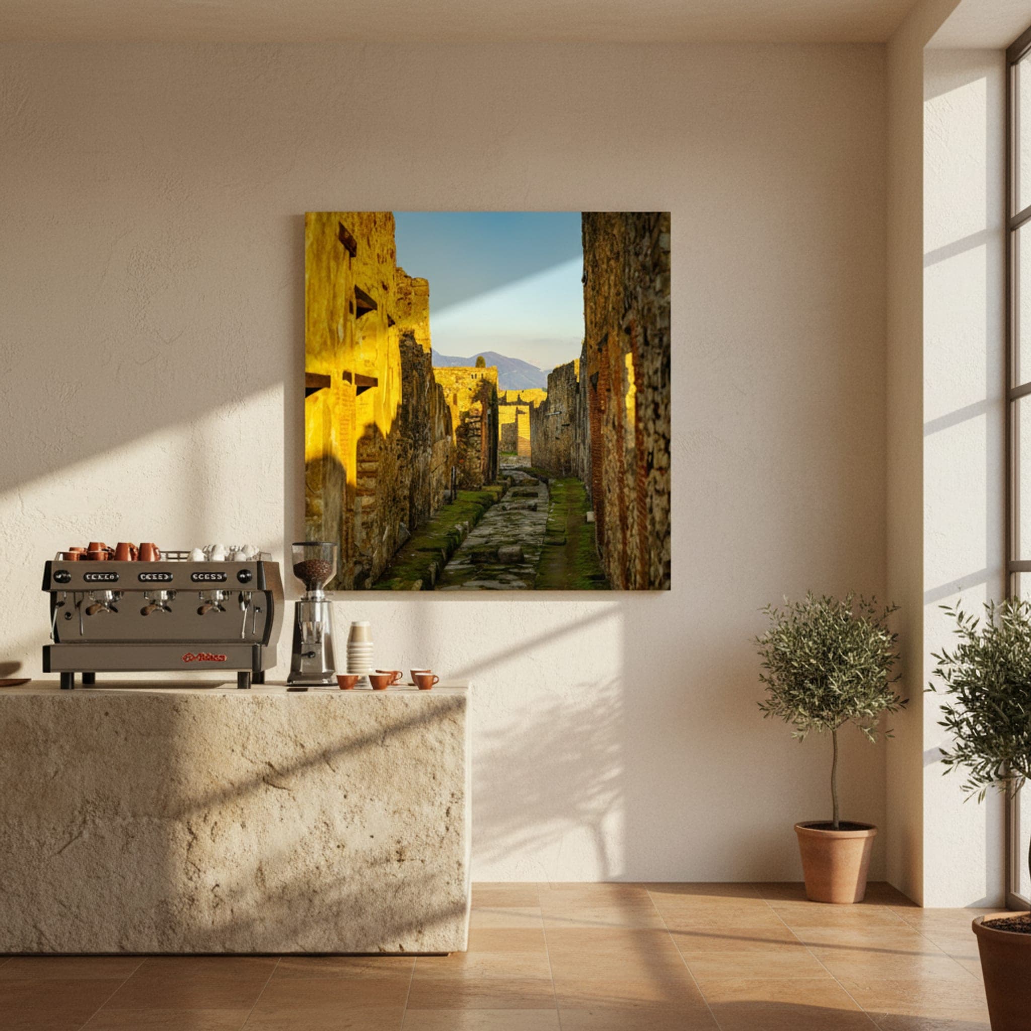 Pompeii's Sunlit Path shown as a canvas print in a styled interior, view 1 of 3