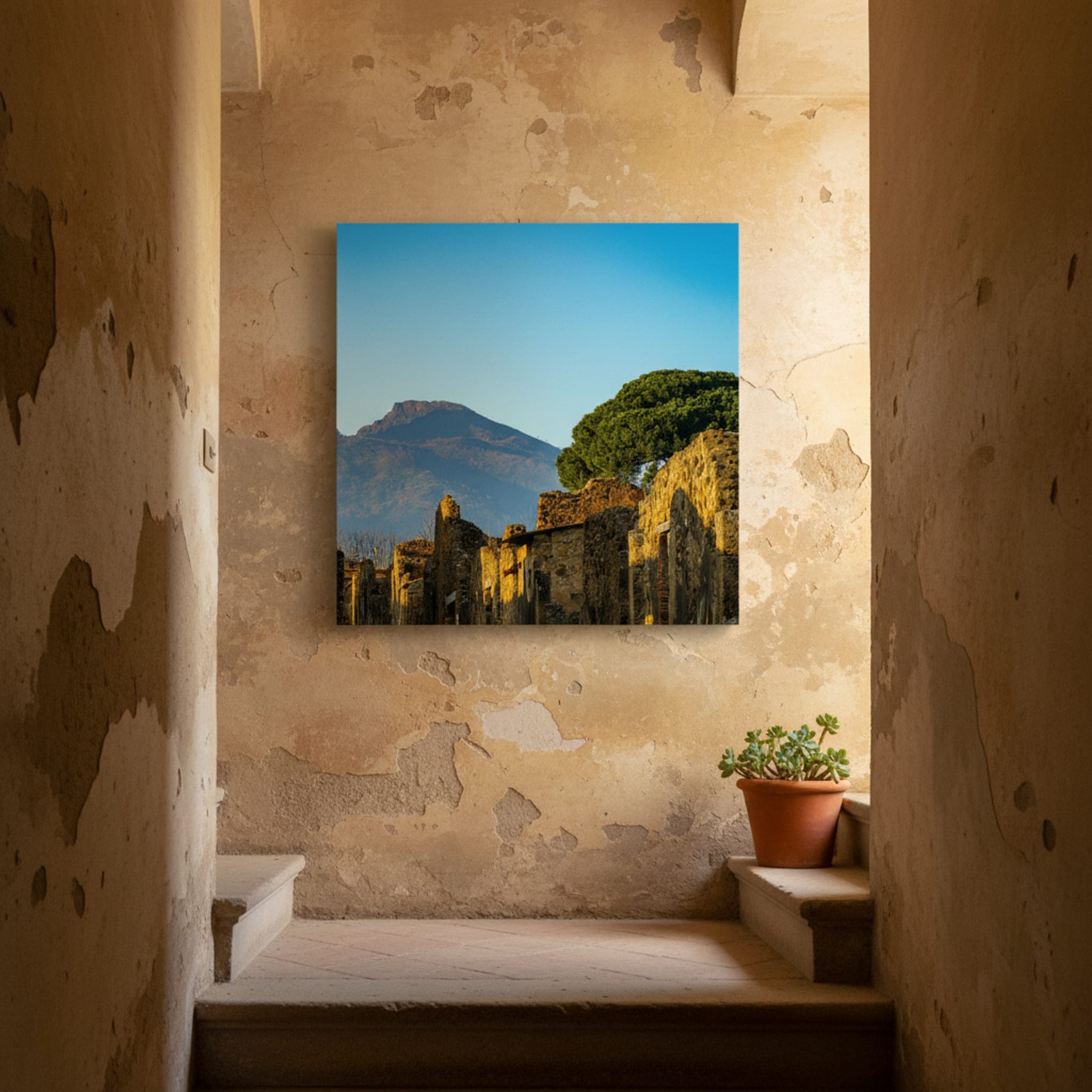 Vesuvius Over Ancient Walls shown as a canvas print in a styled interior, view 3 of 3
