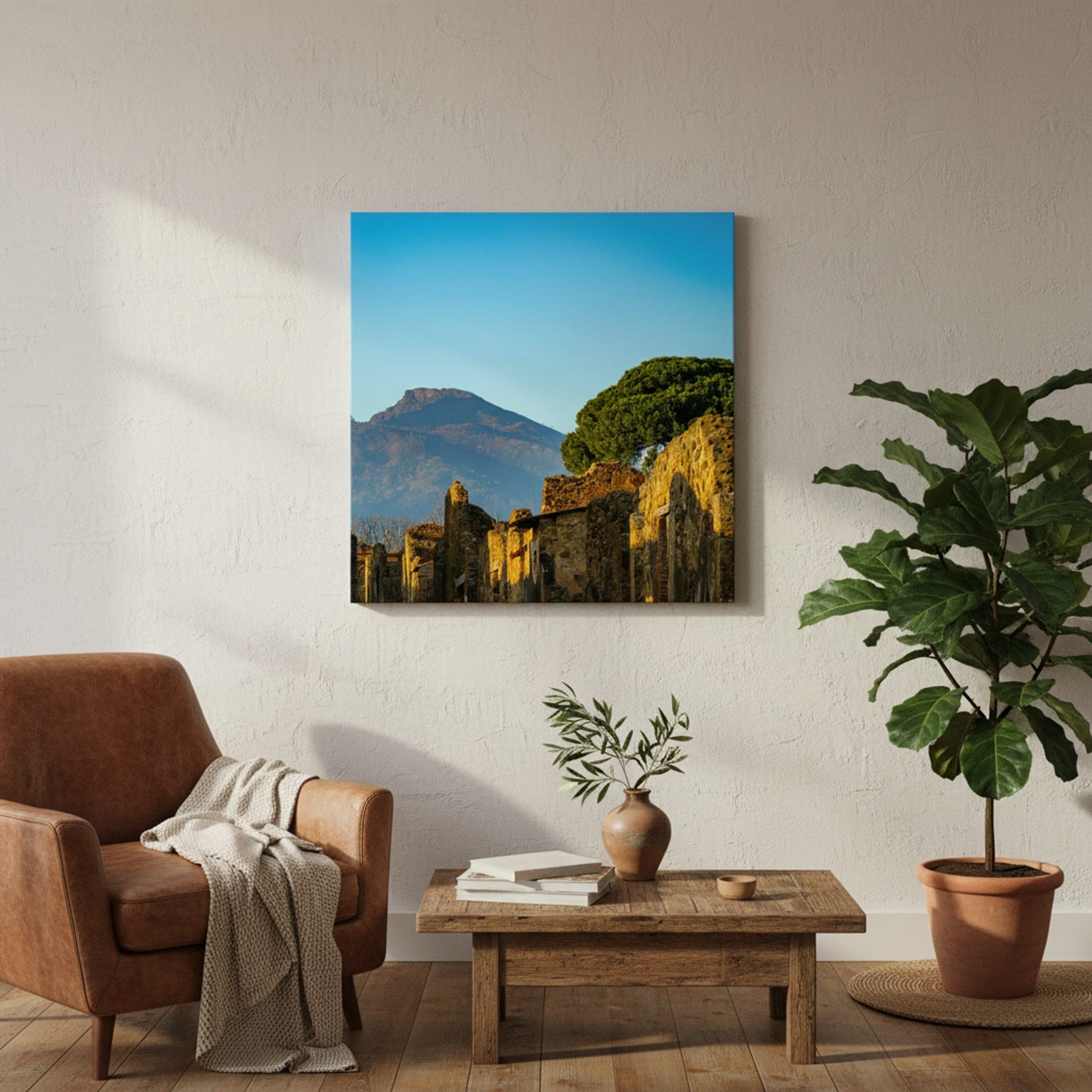 Vesuvius Over Ancient Walls shown as a canvas print in a styled interior, view 1 of 3