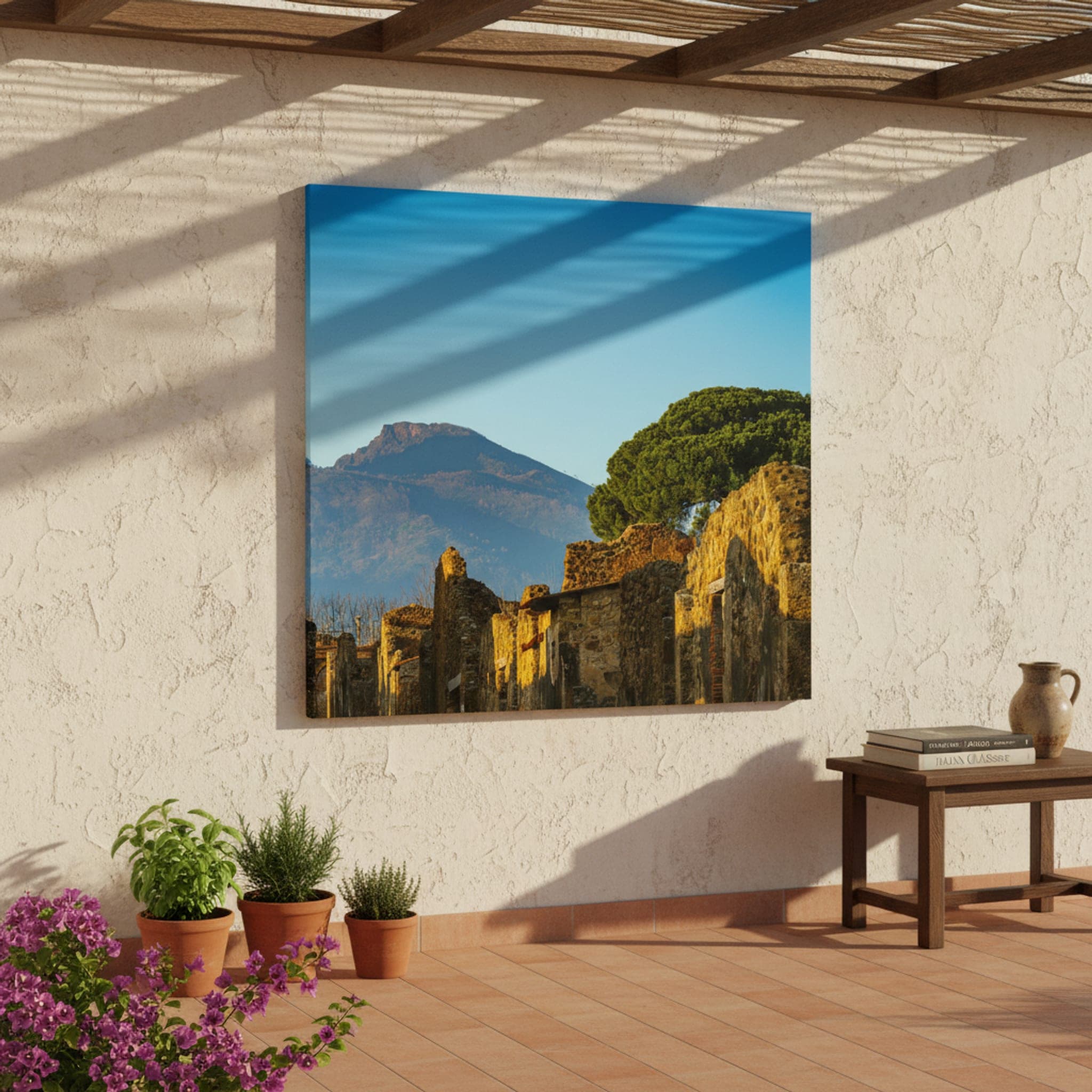 Vesuvius Over Ancient Walls shown as a canvas print in a styled interior, view 2 of 3