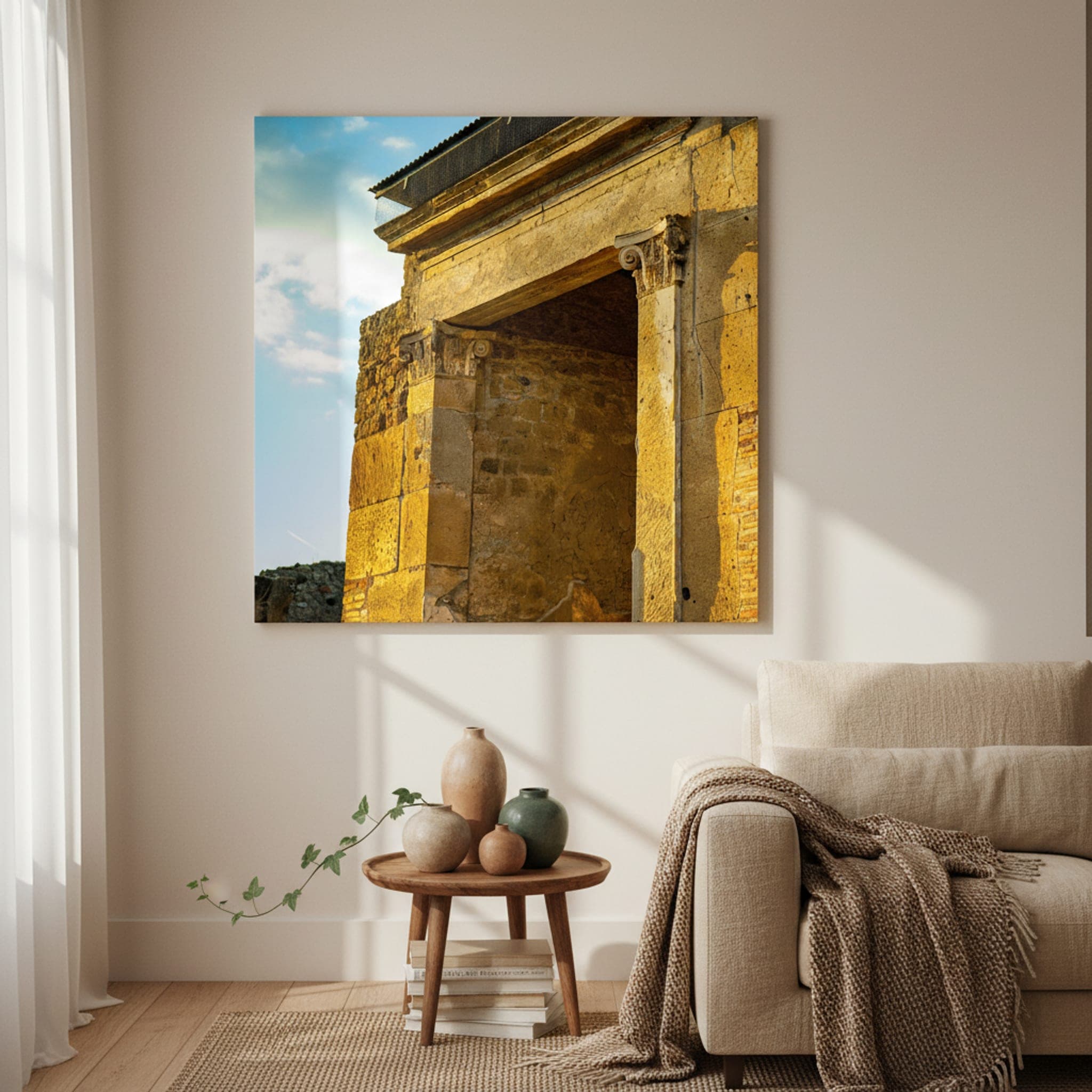 Pompeii's Golden Echo shown as a canvas print in a styled interior, view 2 of 3