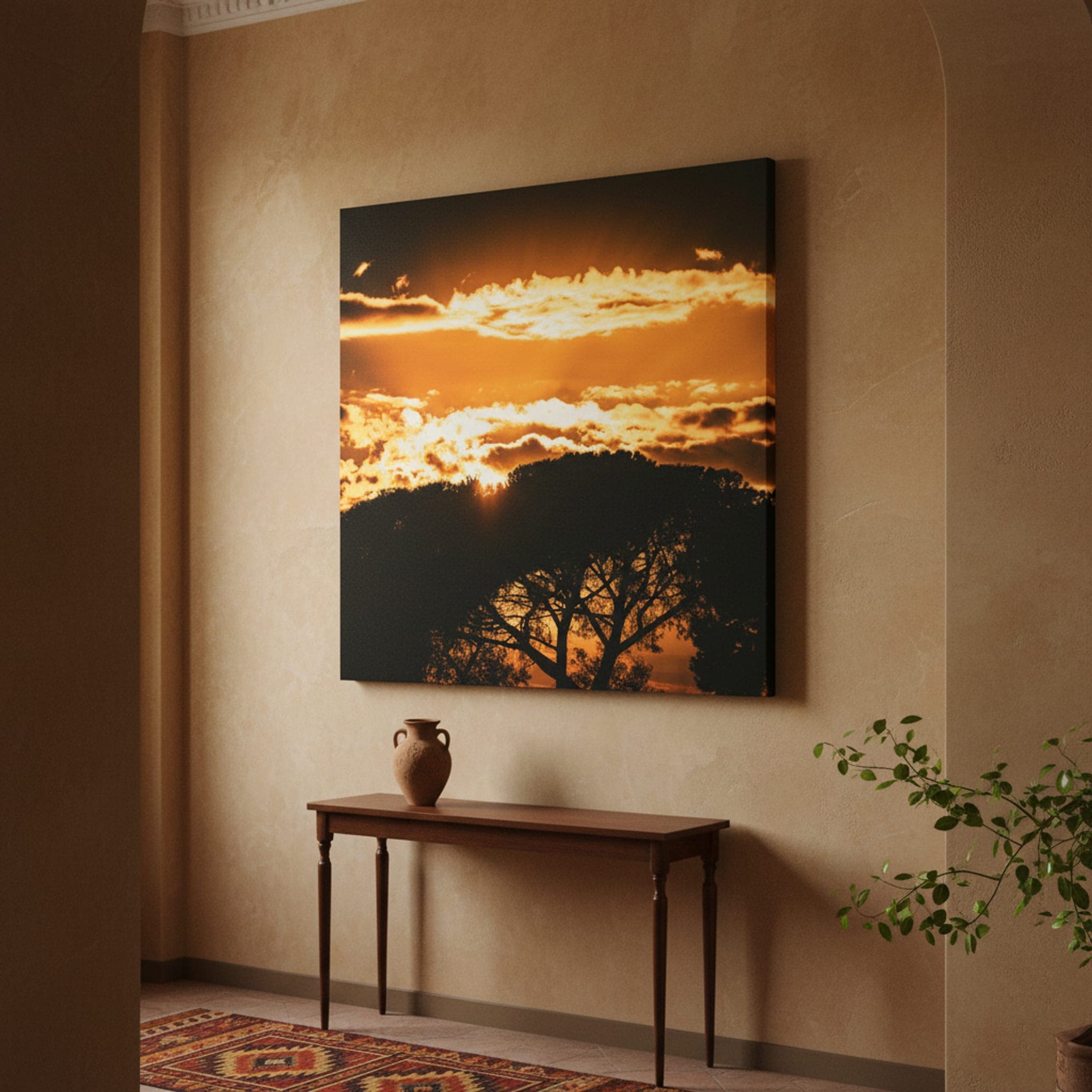 Pompeii's Fiery Embrace shown as a canvas print in a styled interior, view 1 of 3