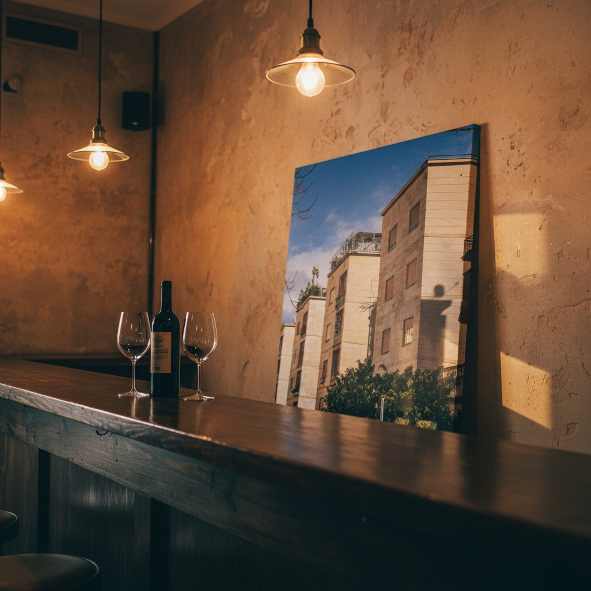 Palermo's Sunny Facades shown as a canvas print in a styled interior, view 1 of 3