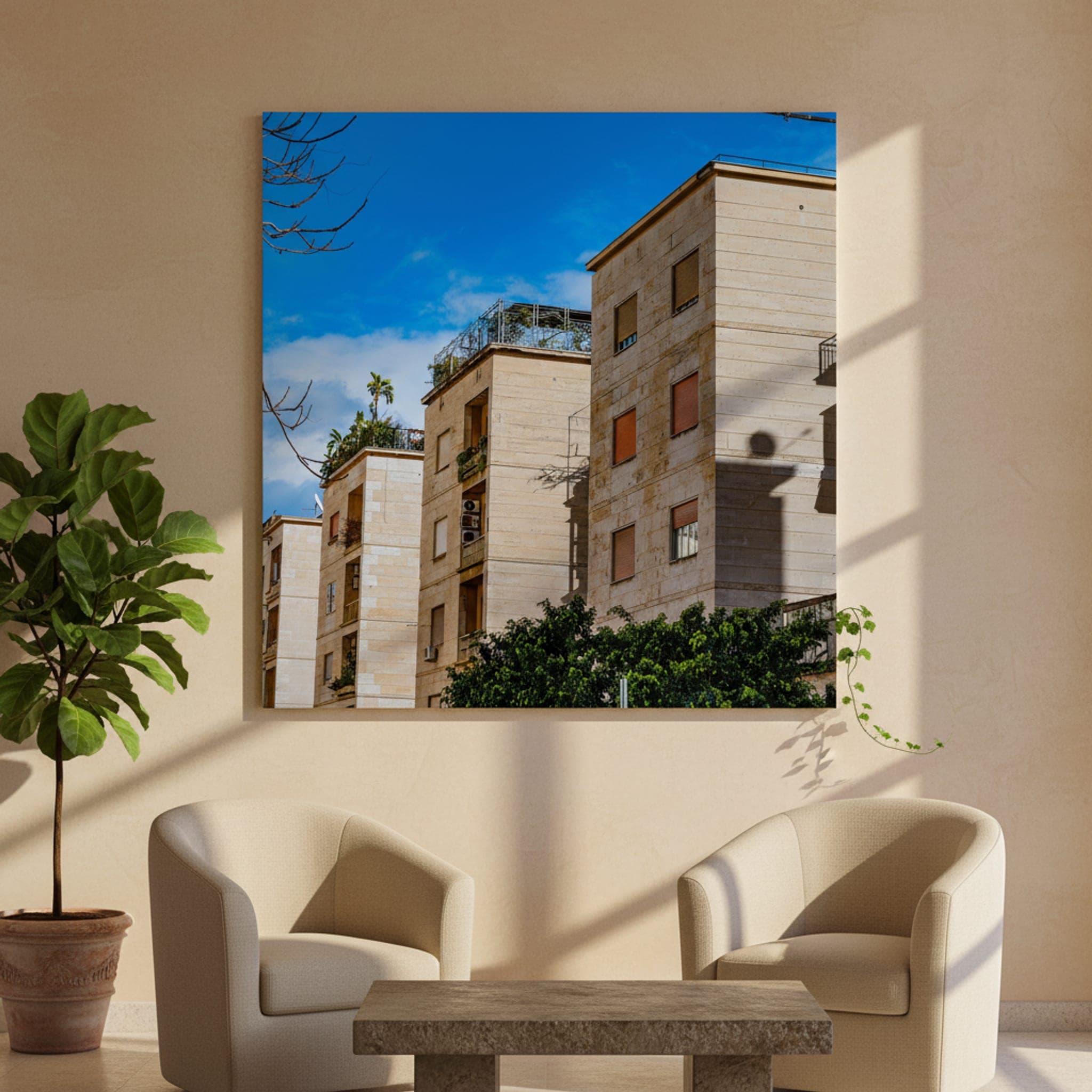 Palermo's Sunny Facades shown as a canvas print in a styled interior, view 3 of 3