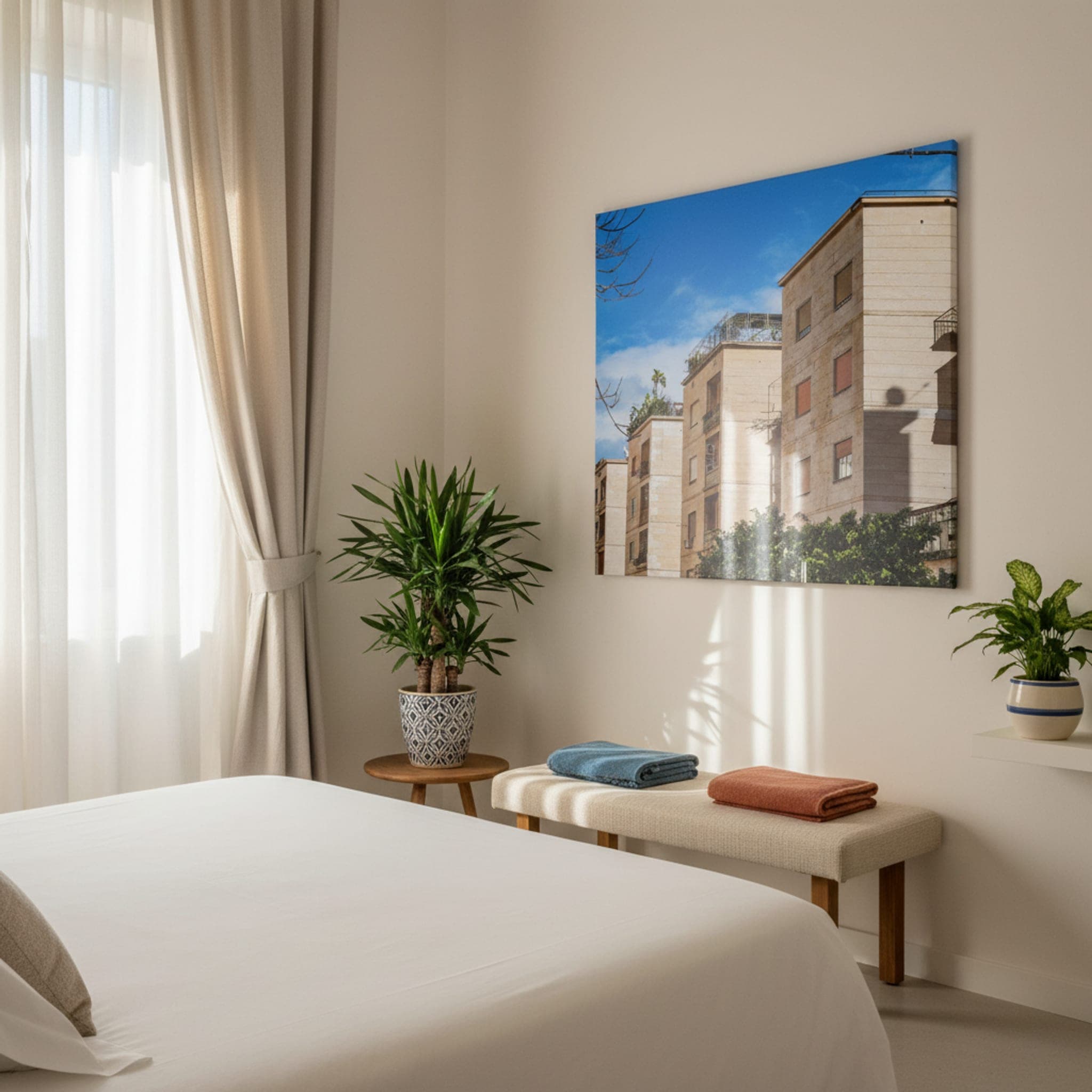 Palermo's Sunny Facades shown as a canvas print in a styled interior, view 2 of 3