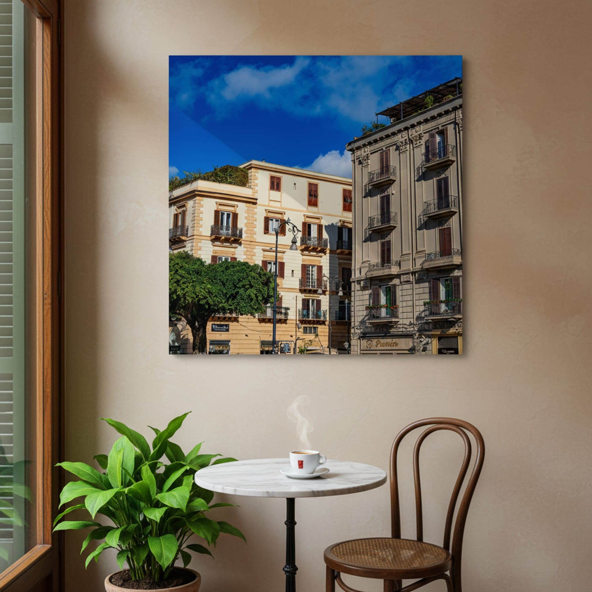 Palermo's Sunlit Balconies shown as a canvas print in a styled interior, view 3 of 3