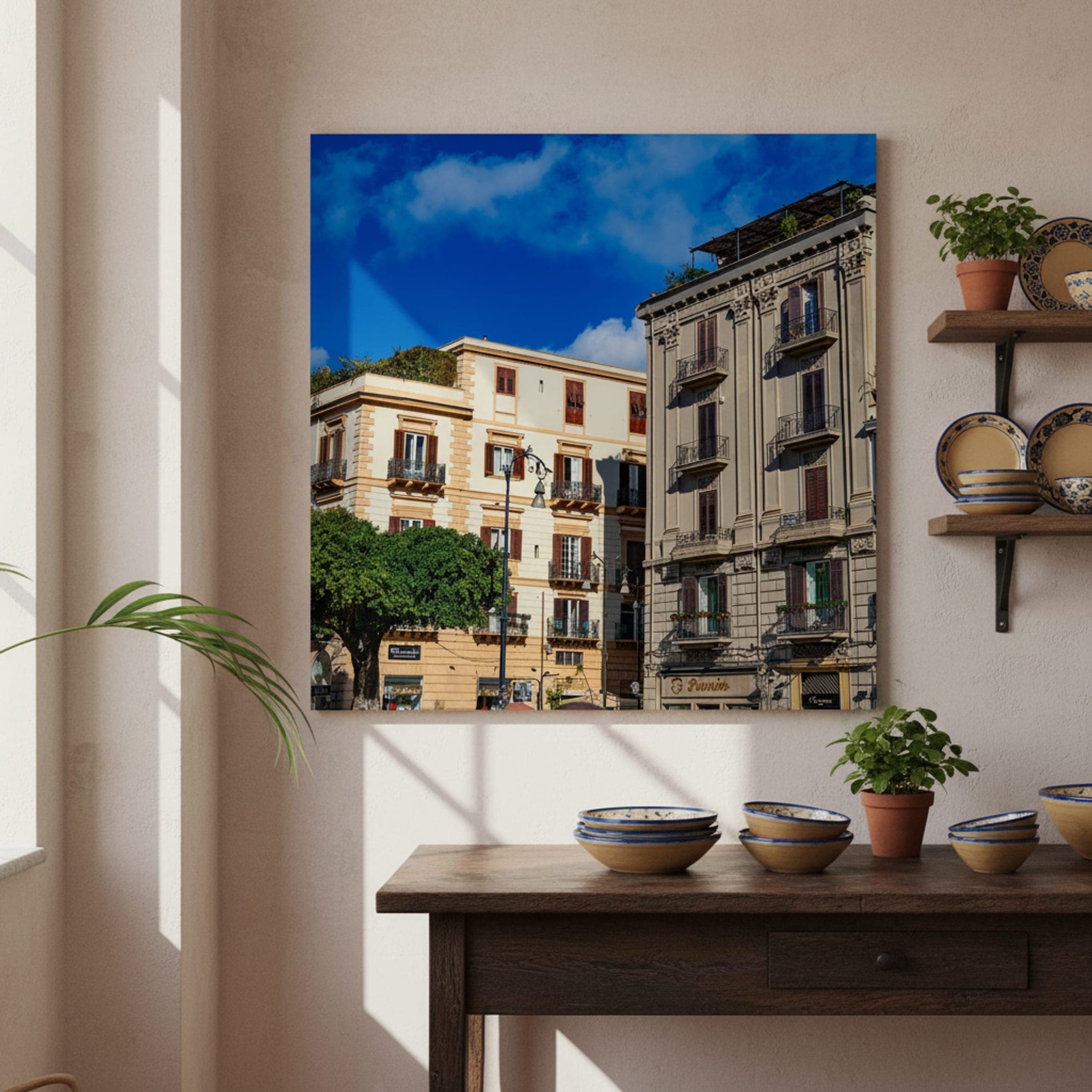 Palermo's Sunlit Balconies shown as a canvas print in a styled interior, view 1 of 3