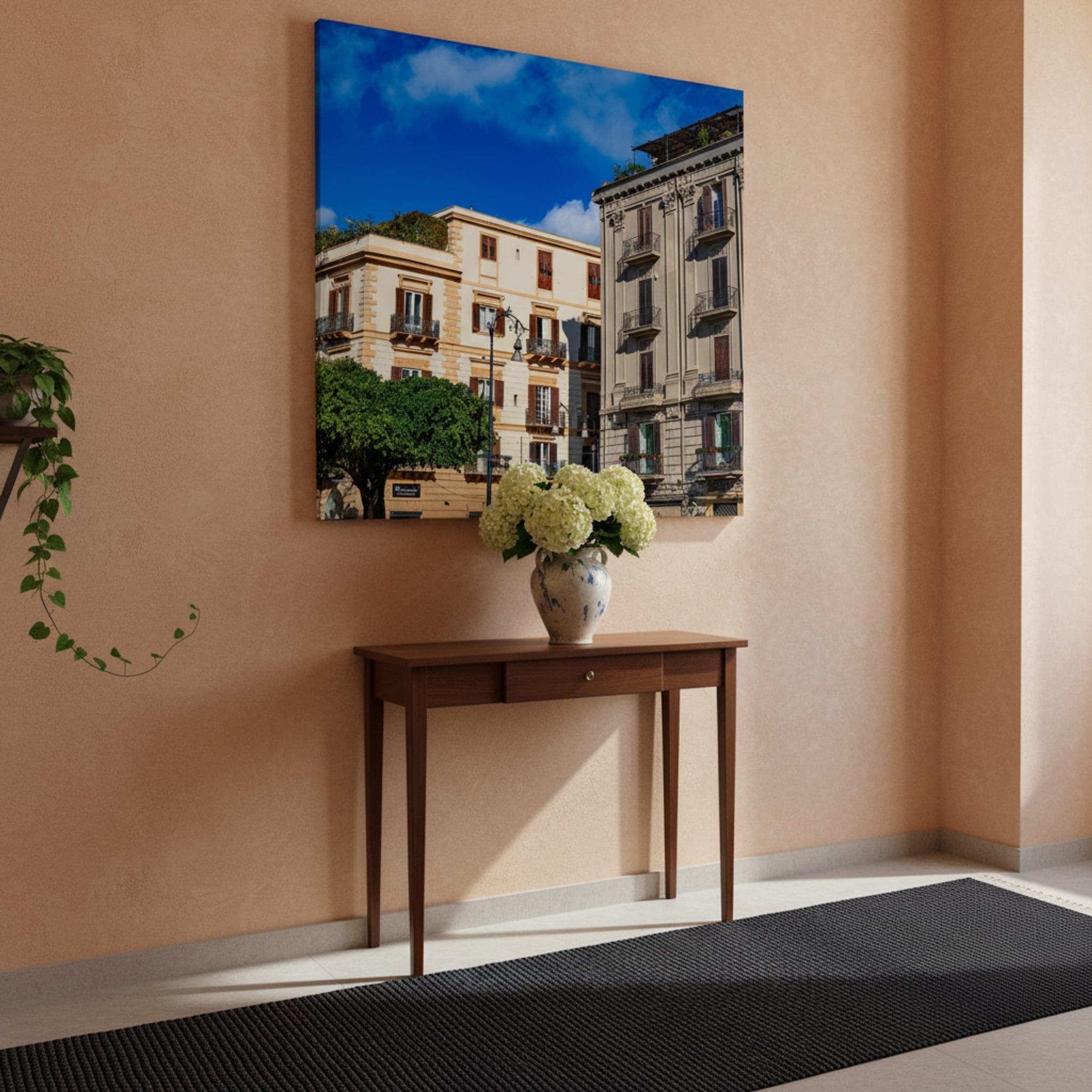 Palermo's Sunlit Balconies shown as a canvas print in a styled interior, view 2 of 3