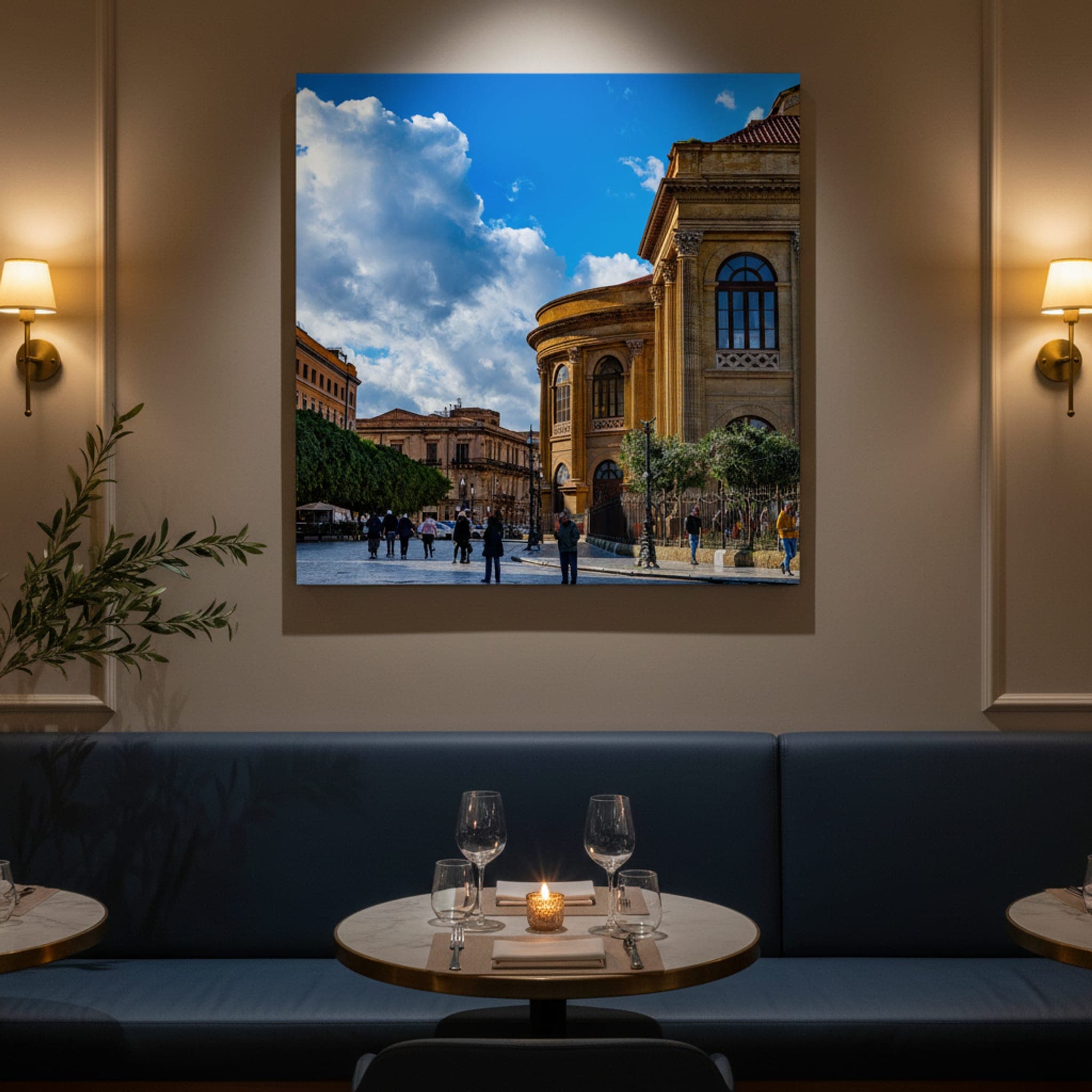 Palermo's Sunlit Square shown as a canvas print in a styled interior, view 3 of 3