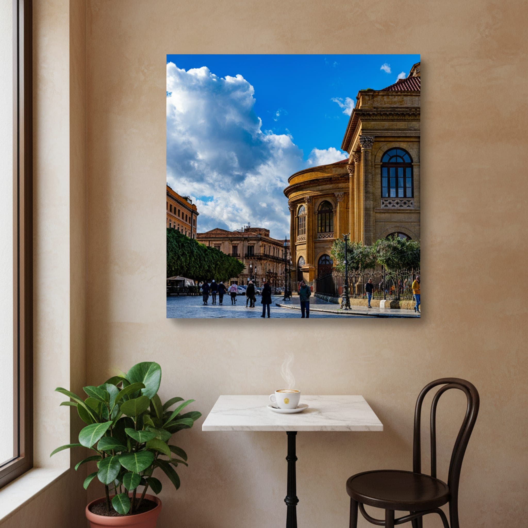 Palermo's Sunlit Square shown as a canvas print in a styled interior, view 1 of 3