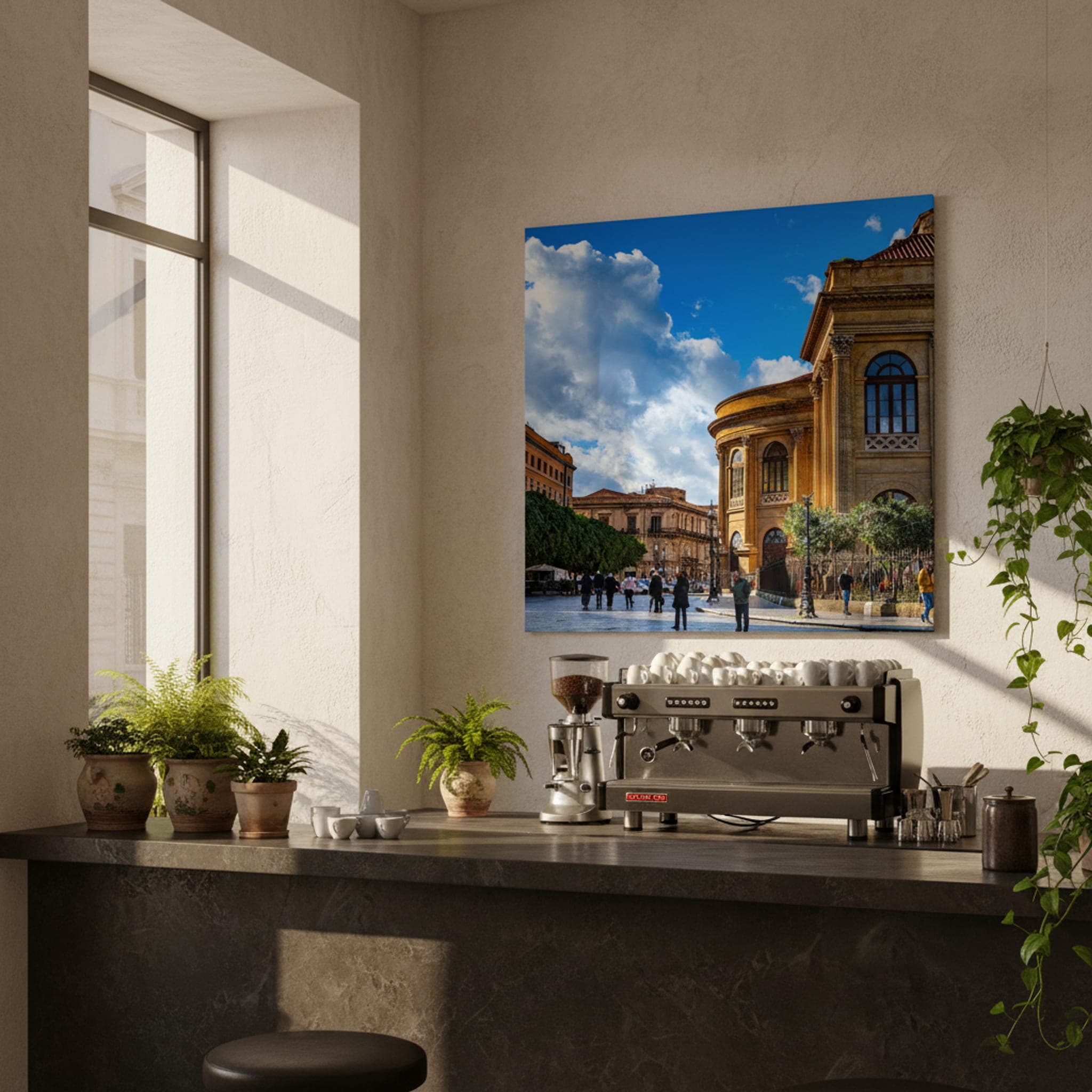 Palermo's Sunlit Square shown as a canvas print in a styled interior, view 2 of 3