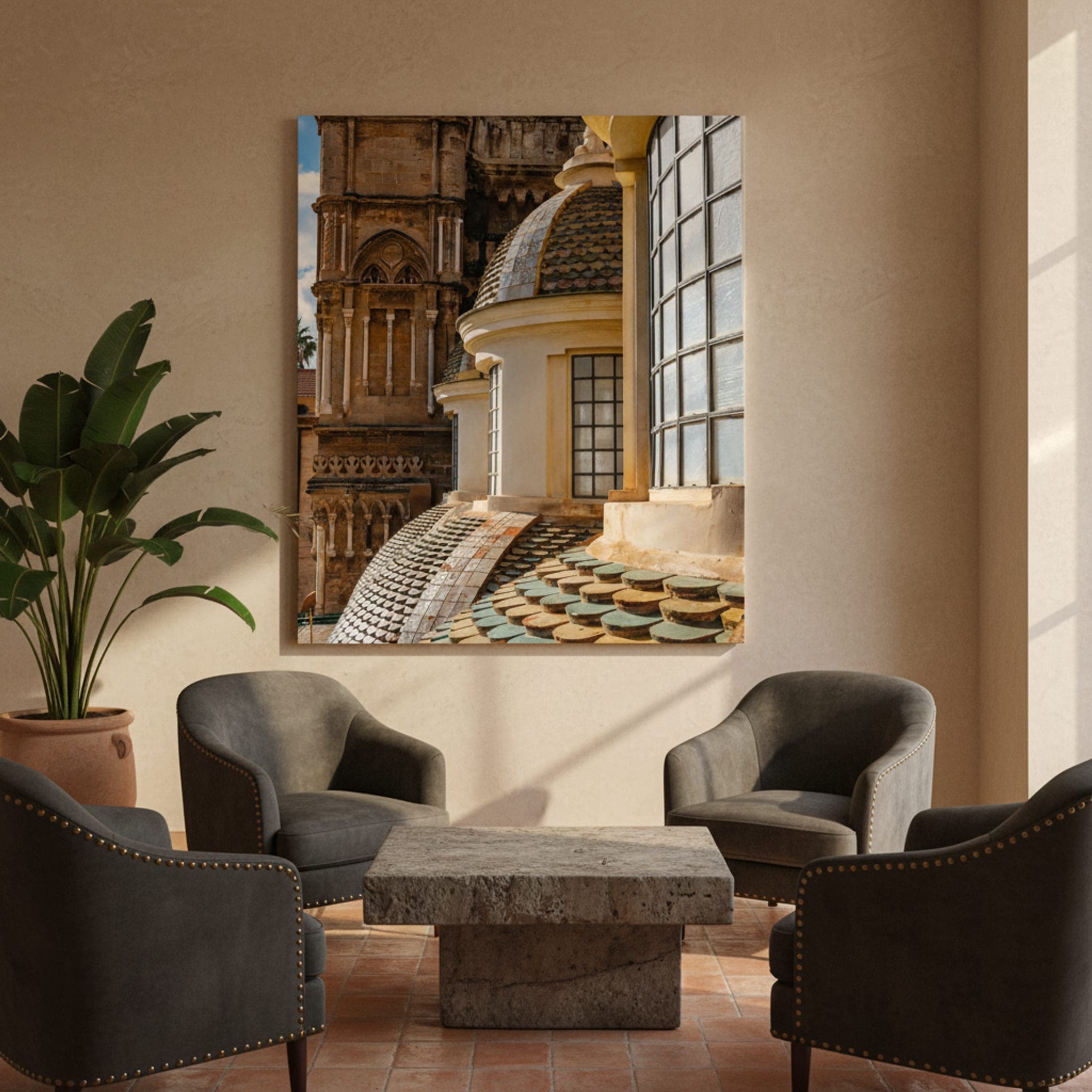 Palermo's Tiled Majesty shown as a canvas print in a styled interior, view 1 of 3